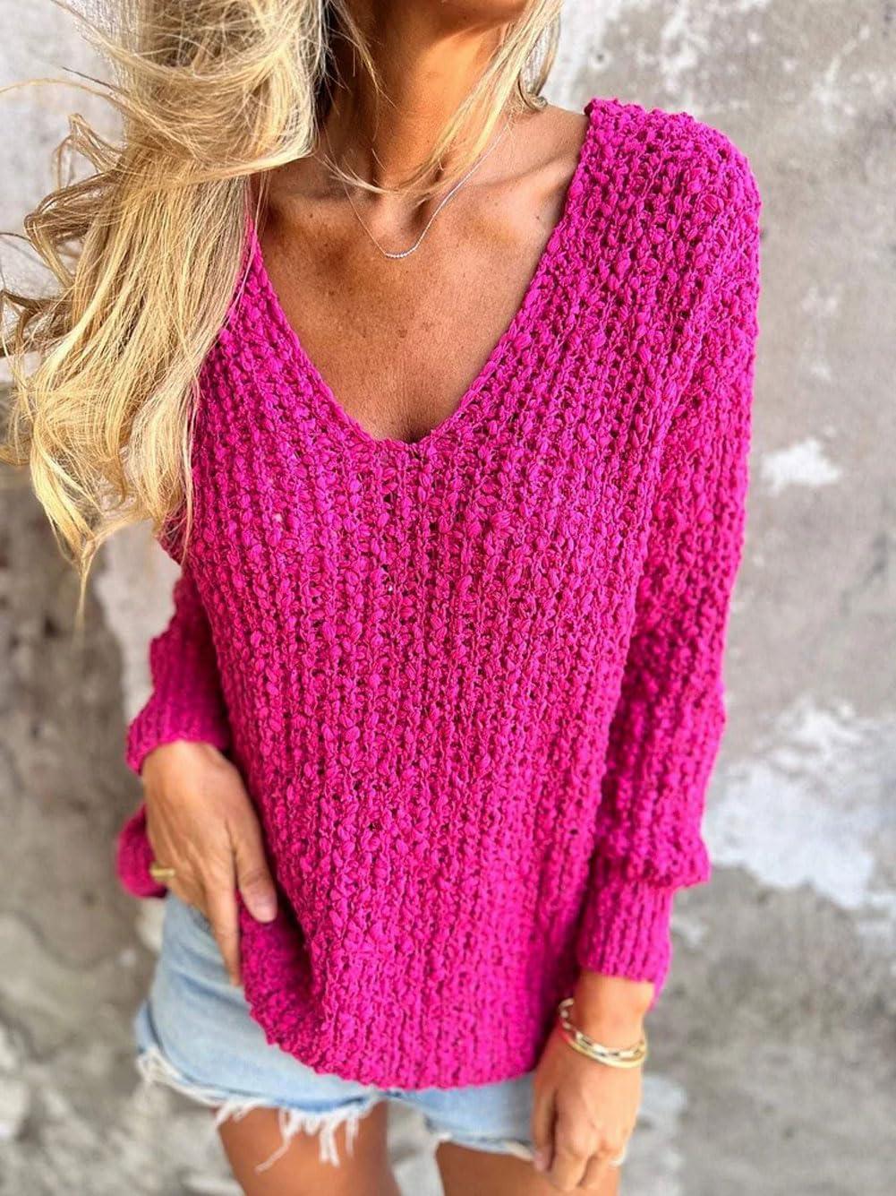 imageCHARTOU Women Slouchy Chunky Oversized Popcorn Knit v Neck Pullover Sweater Jumper TopsHot Pink