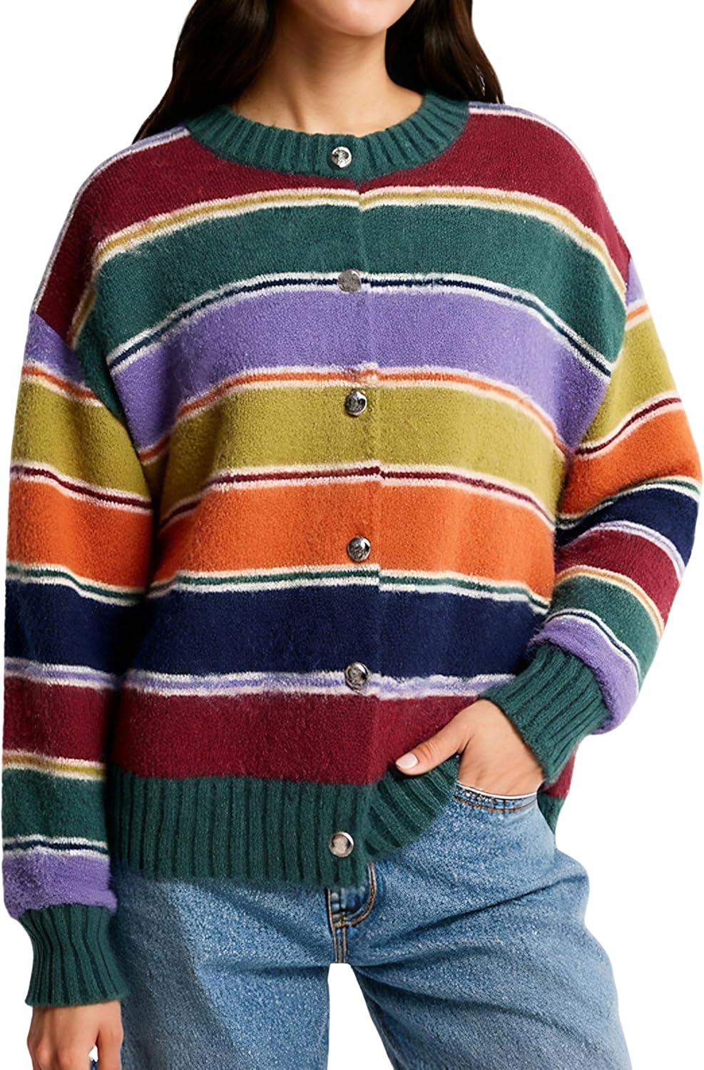 imageCHARTOU Women Striped Cardigan Sweaters Fall Trendy Rainbow Color Block Open Front Sweater CoatsGreen