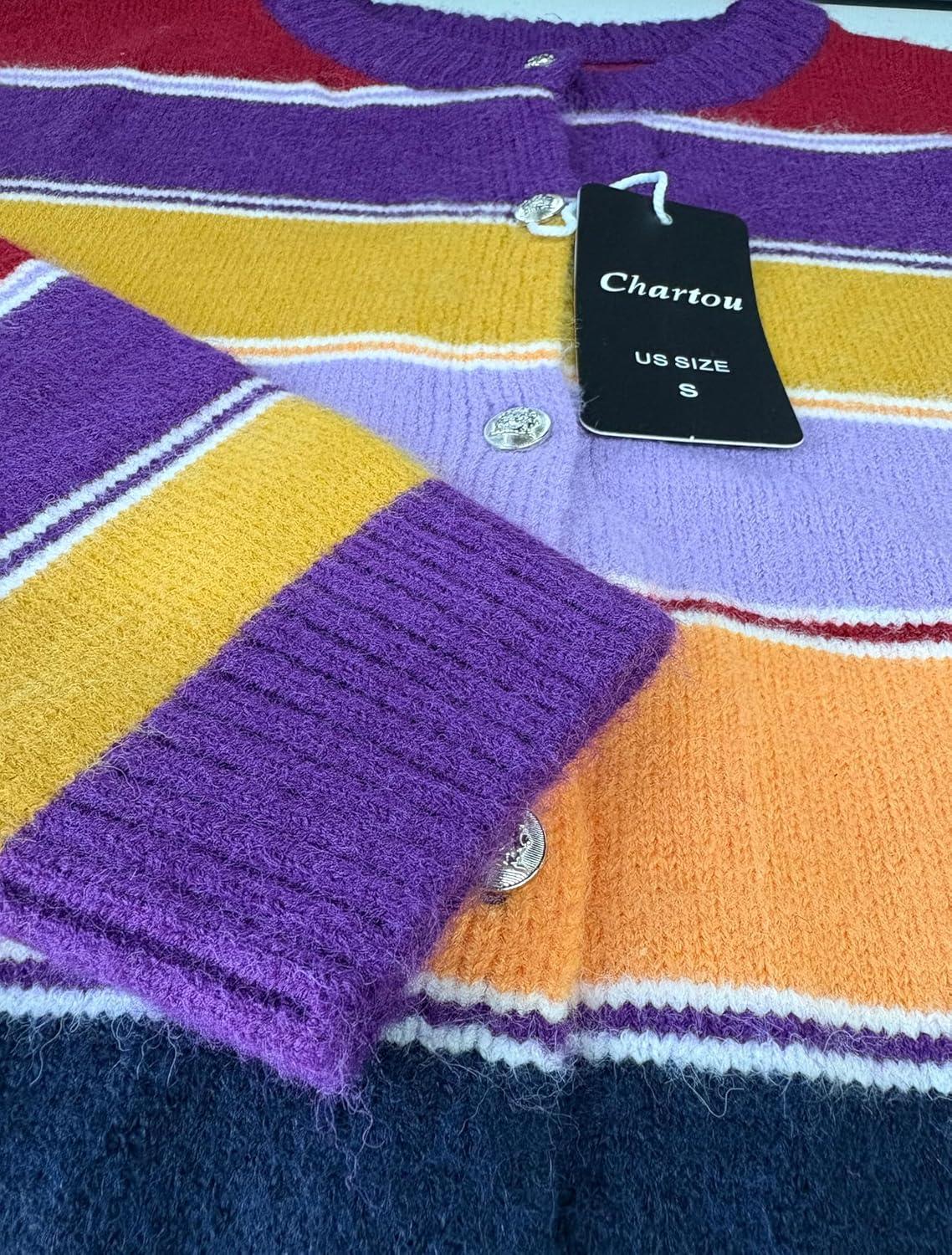 imageCHARTOU Women Striped Cardigan Sweaters Fall Trendy Rainbow Color Block Open Front Sweater CoatsPurple