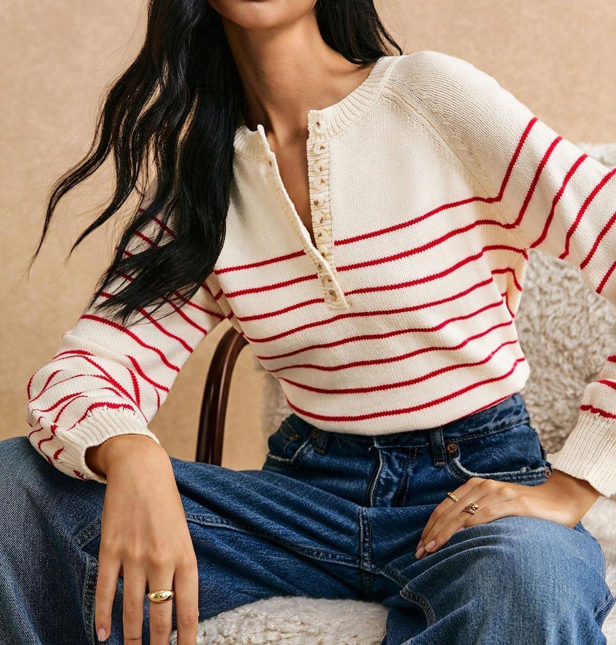 imageCHARTOU Women Striped Pullover Sweater Half Button Crew Neck Casual Sweater Jumper TopsRed