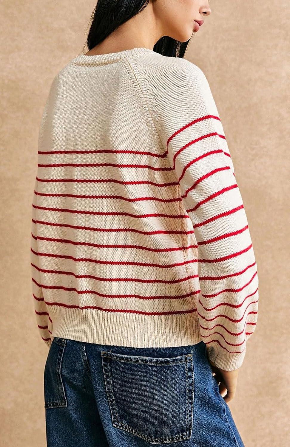 imageCHARTOU Women Striped Pullover Sweater Half Button Crew Neck Casual Sweater Jumper TopsRed