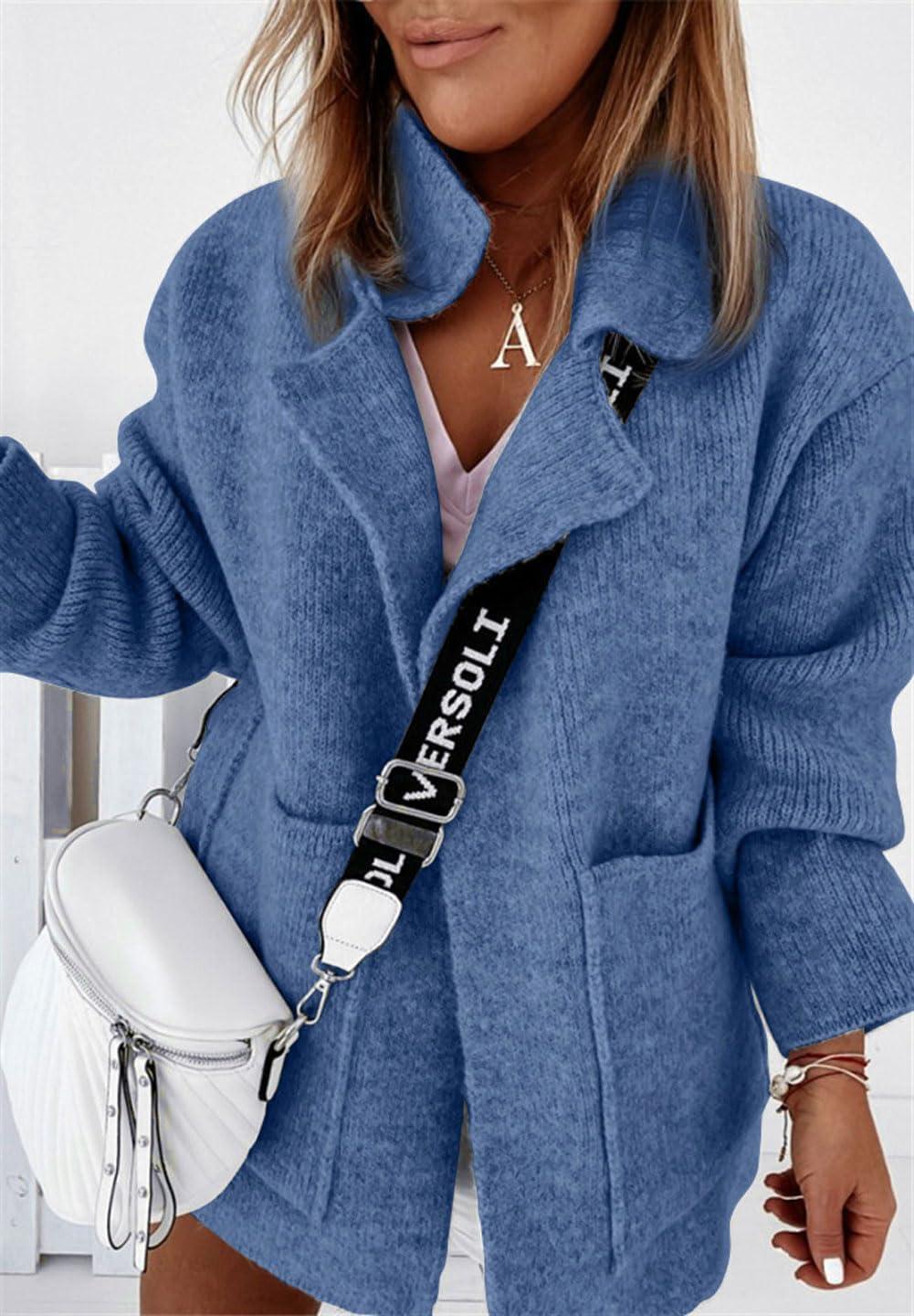 imageCHARTOU Women Sweater Blazer Cardigan Oversized Open Front Coatigan Fall Knit Jacket OutfitsBlue