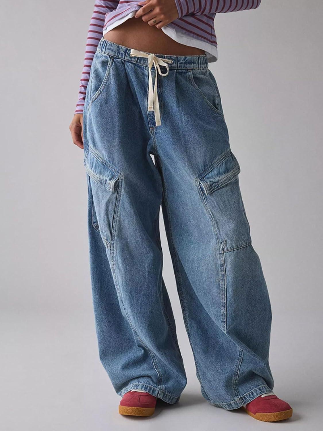 imageCHARTOU Women Wide Leg Baggy Jeans Barrel Drawstring Denim Pants Cargo Elastic Mid Waist SweatpantsBlue