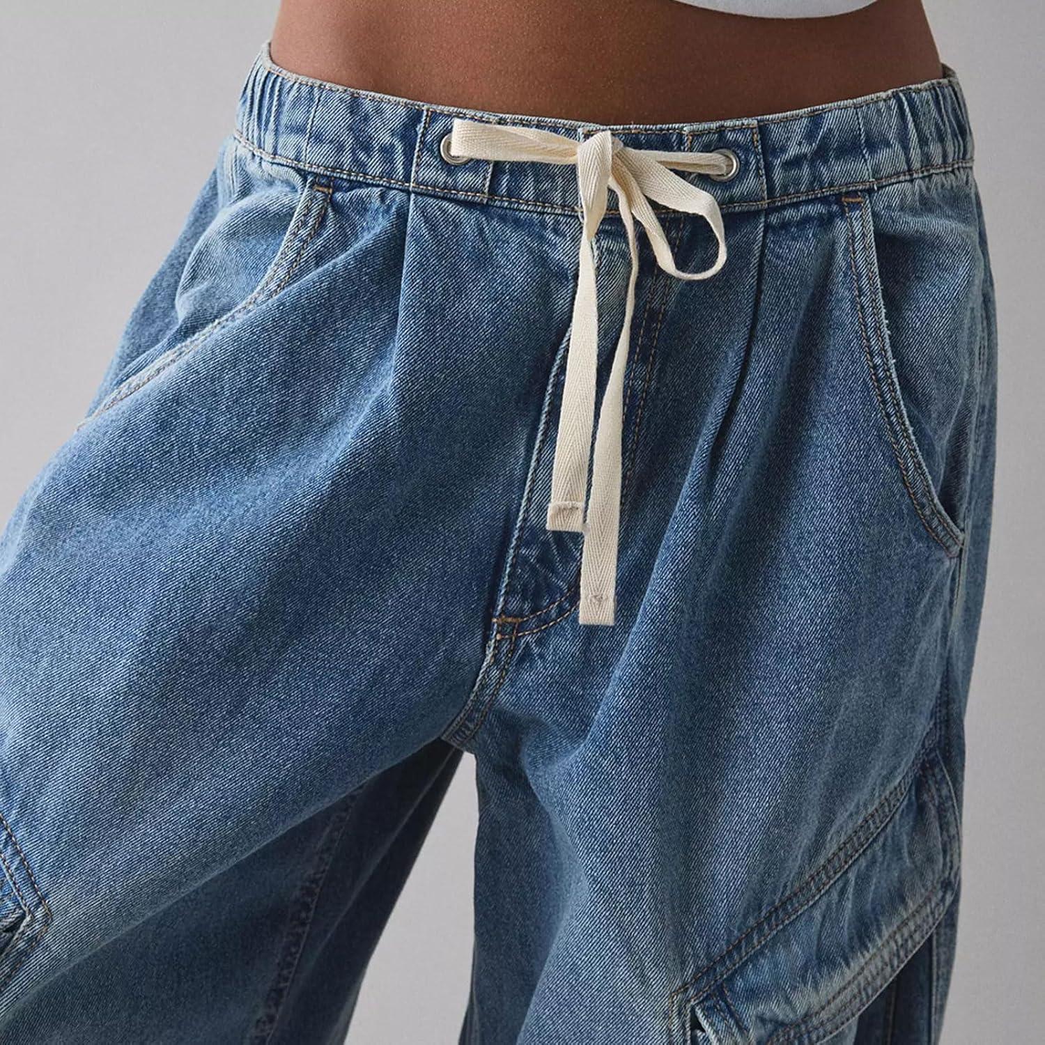 imageCHARTOU Women Wide Leg Baggy Jeans Barrel Drawstring Denim Pants Cargo Elastic Mid Waist SweatpantsBlue