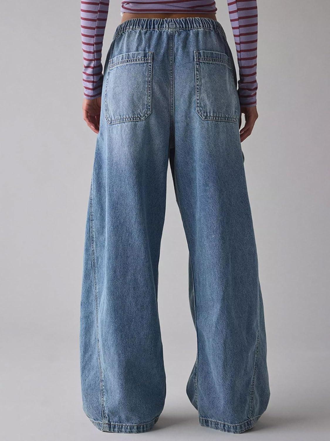 imageCHARTOU Women Wide Leg Baggy Jeans Barrel Drawstring Denim Pants Cargo Elastic Mid Waist SweatpantsBlue