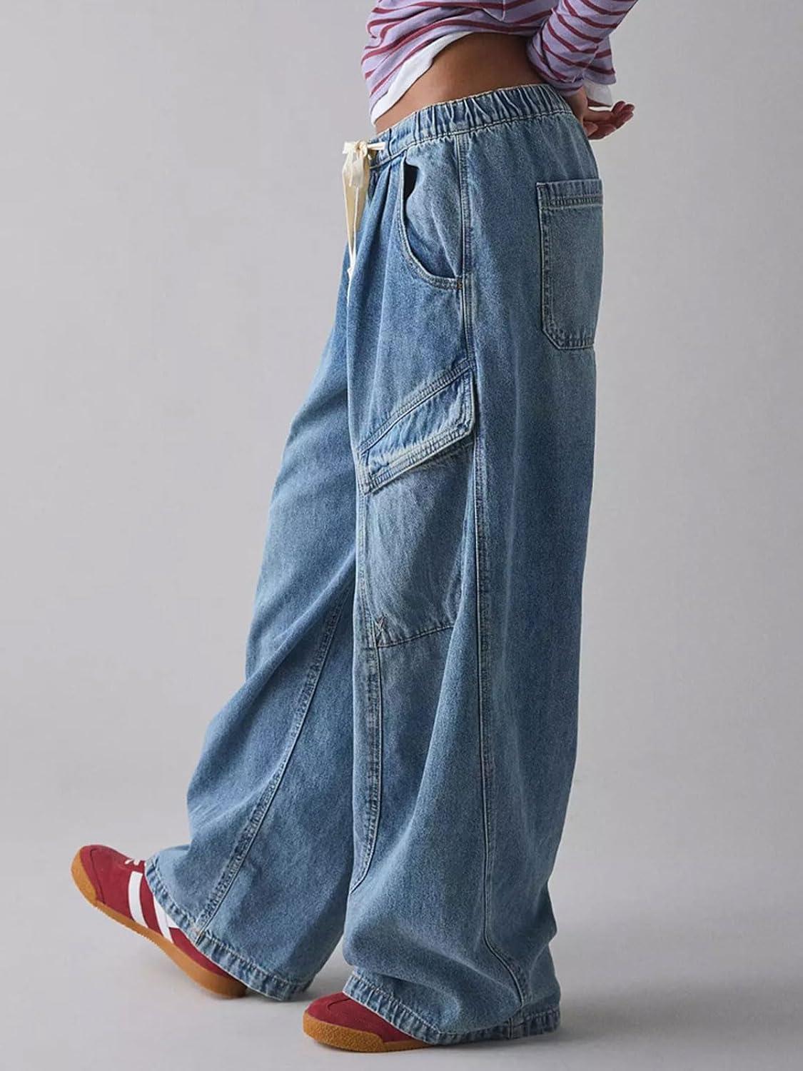imageCHARTOU Women Wide Leg Baggy Jeans Barrel Drawstring Denim Pants Cargo Elastic Mid Waist SweatpantsBlue