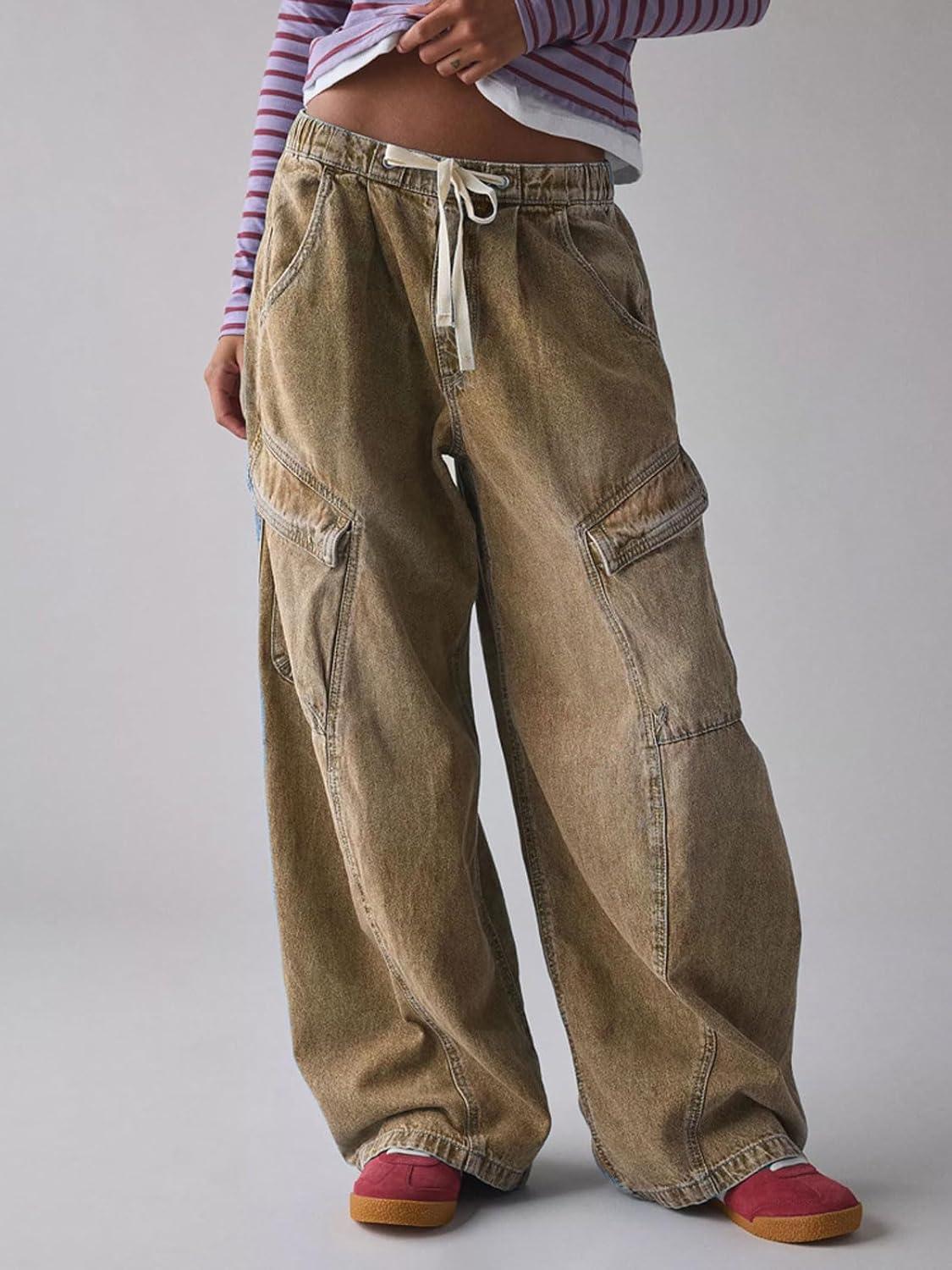 imageCHARTOU Women Wide Leg Baggy Jeans Barrel Drawstring Denim Pants Cargo Elastic Mid Waist SweatpantsBrown