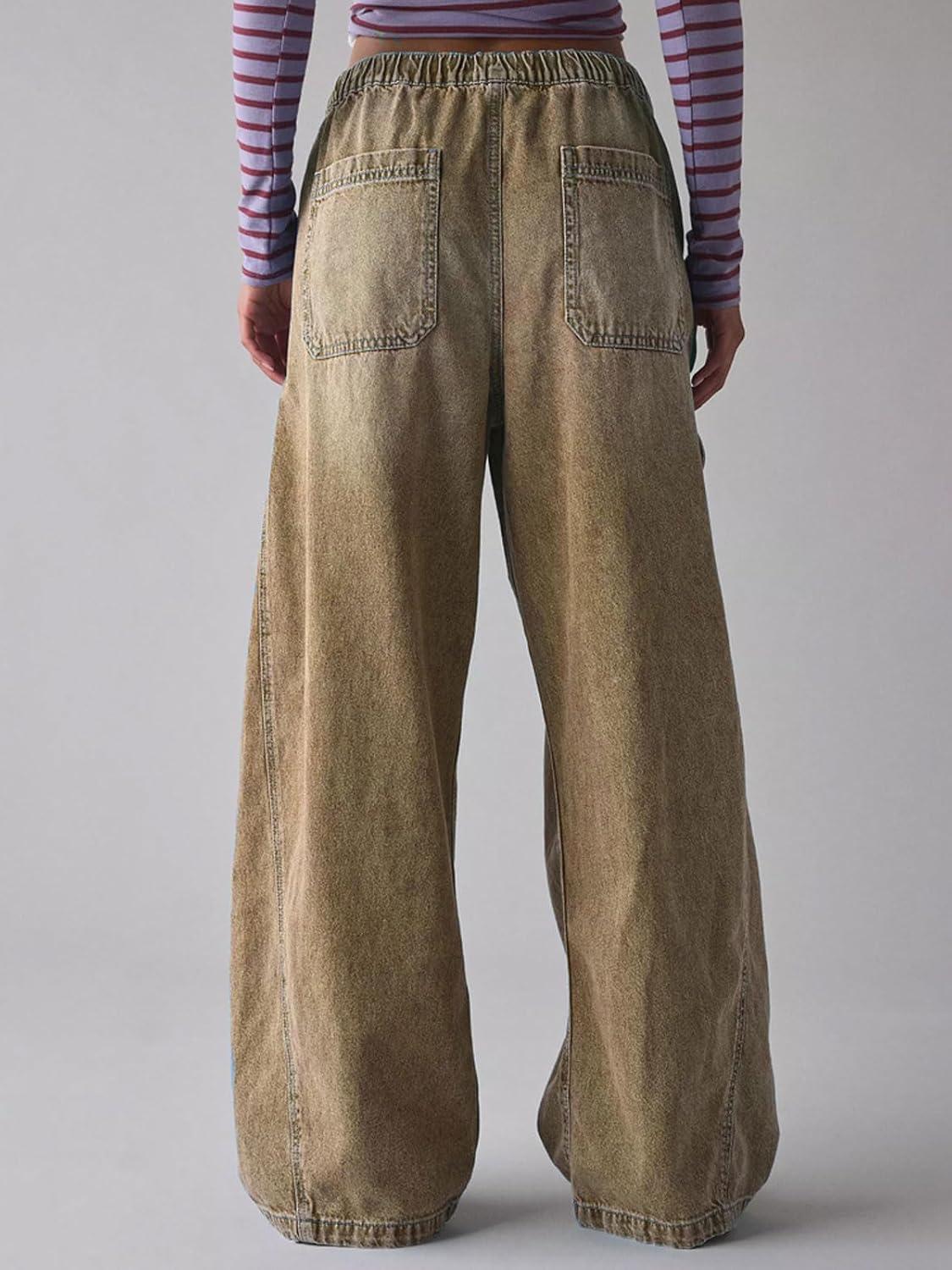 imageCHARTOU Women Wide Leg Baggy Jeans Barrel Drawstring Denim Pants Cargo Elastic Mid Waist SweatpantsBrown