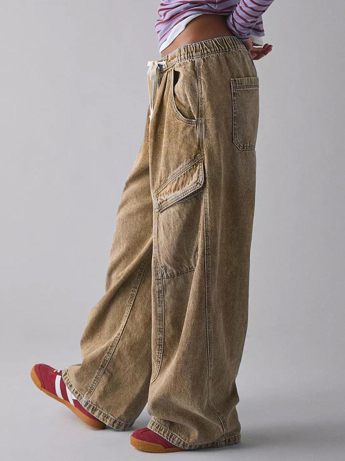 imageCHARTOU Women Wide Leg Baggy Jeans Barrel Drawstring Denim Pants Cargo Elastic Mid Waist SweatpantsBrown