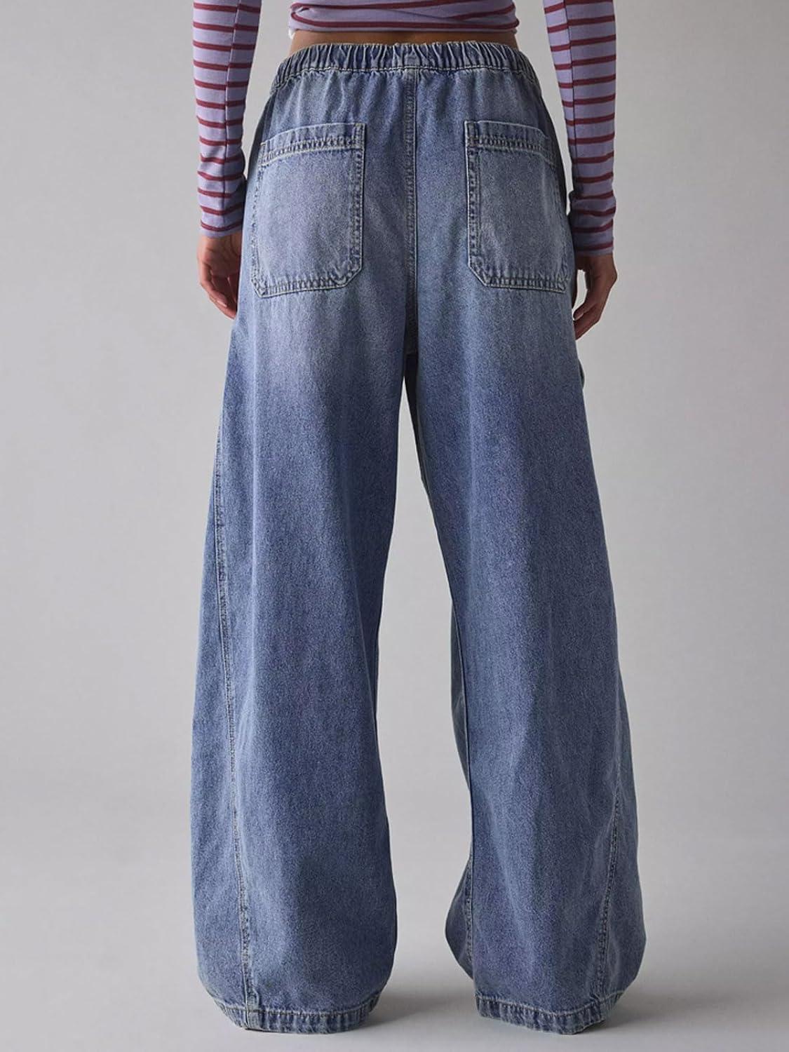 imageCHARTOU Women Wide Leg Baggy Jeans Barrel Drawstring Denim Pants Cargo Elastic Mid Waist SweatpantsDark Blue