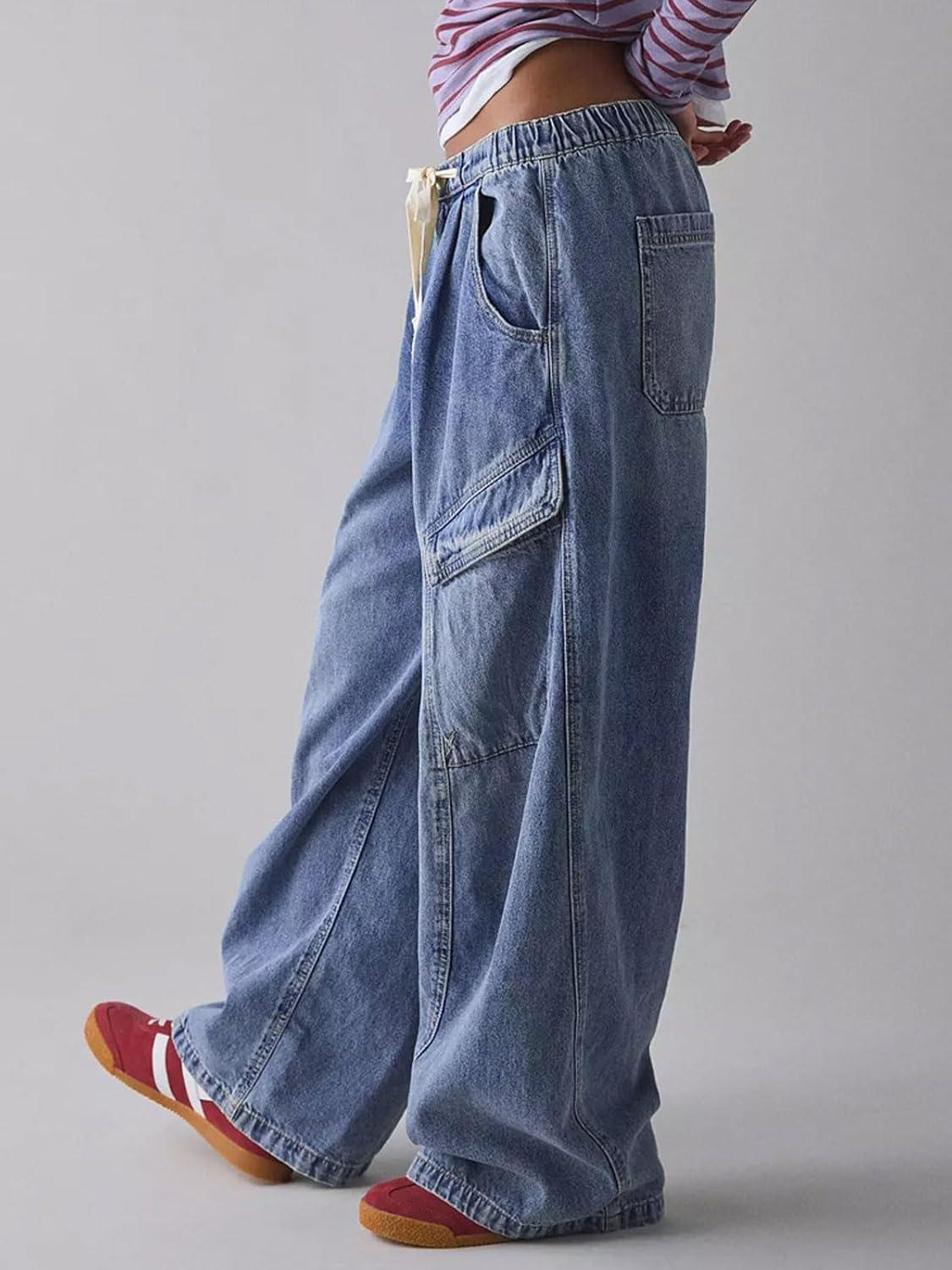 imageCHARTOU Women Wide Leg Baggy Jeans Barrel Drawstring Denim Pants Cargo Elastic Mid Waist SweatpantsDark Blue