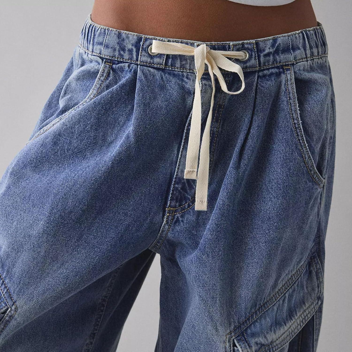 imageCHARTOU Women Wide Leg Baggy Jeans Barrel Drawstring Denim Pants Cargo Elastic Mid Waist SweatpantsDark Blue