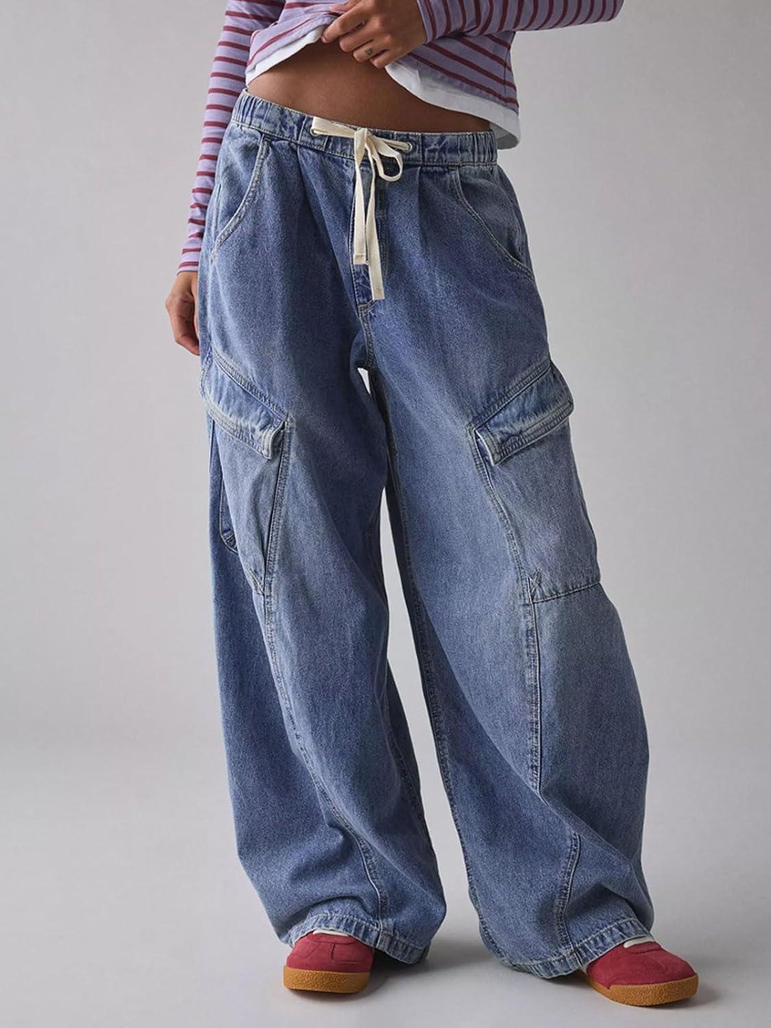 imageCHARTOU Women Wide Leg Baggy Jeans Barrel Drawstring Denim Pants Cargo Elastic Mid Waist SweatpantsDark Blue