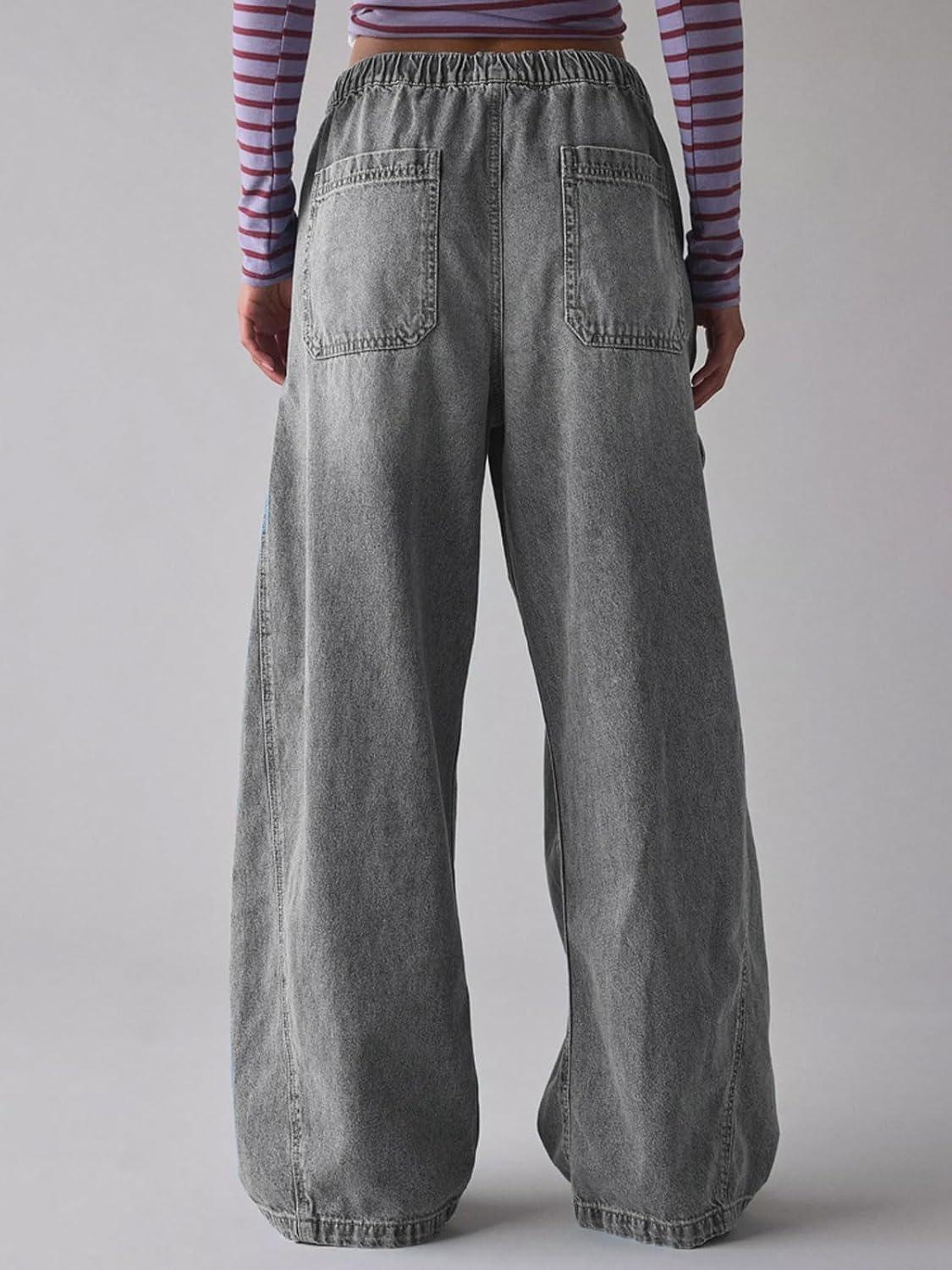 imageCHARTOU Women Wide Leg Baggy Jeans Barrel Drawstring Denim Pants Cargo Elastic Mid Waist SweatpantsGrey