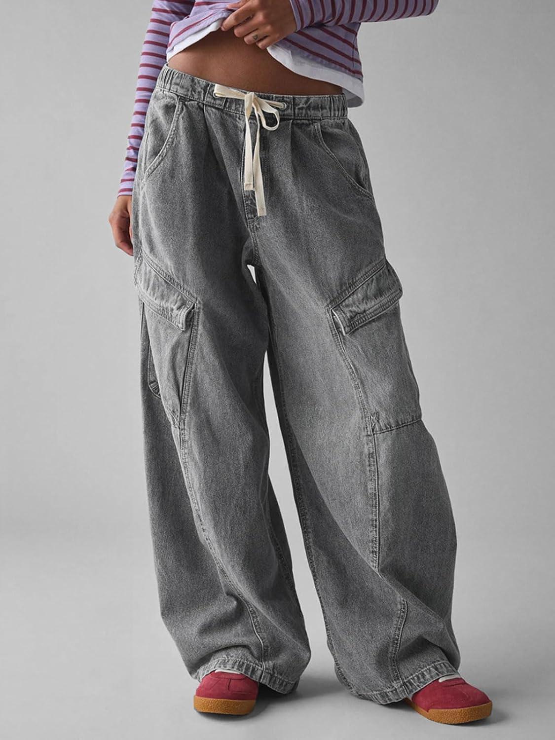 imageCHARTOU Women Wide Leg Baggy Jeans Barrel Drawstring Denim Pants Cargo Elastic Mid Waist SweatpantsGrey