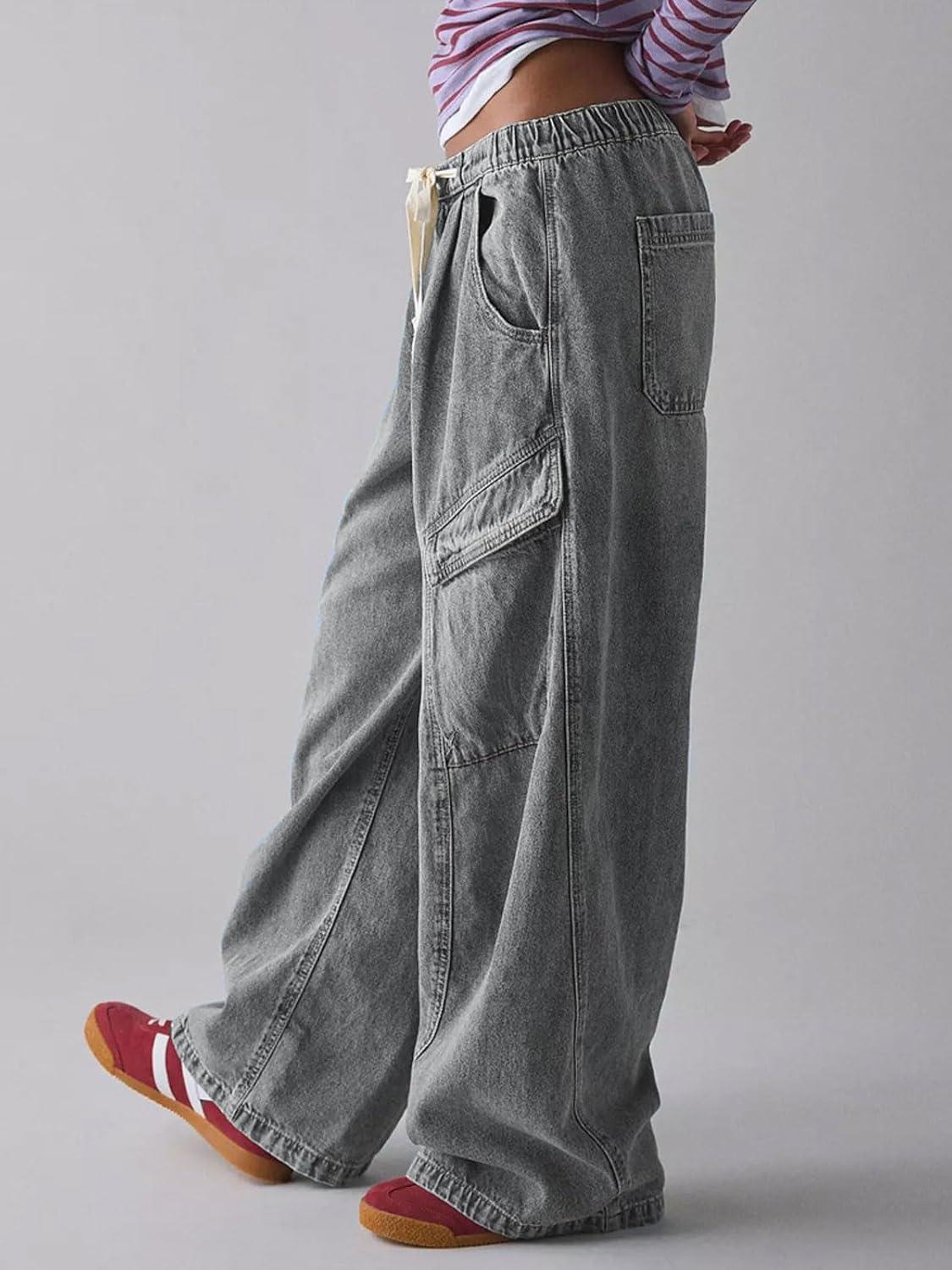 imageCHARTOU Women Wide Leg Baggy Jeans Barrel Drawstring Denim Pants Cargo Elastic Mid Waist SweatpantsGrey