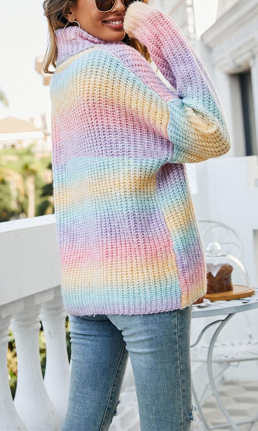 imageCHARTOU Womens Chunky Turtleneck Knit Rib Rainbow Gradient Color Sweater Jumper PulloverRainbow