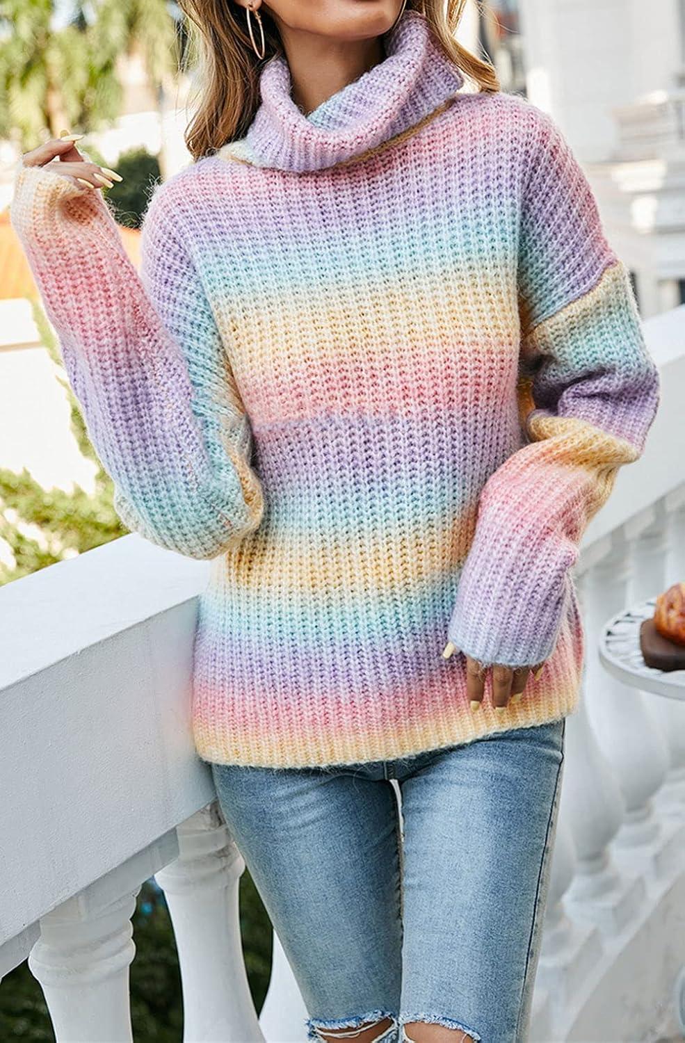 imageCHARTOU Womens Chunky Turtleneck Knit Rib Rainbow Gradient Color Sweater Jumper PulloverRainbow