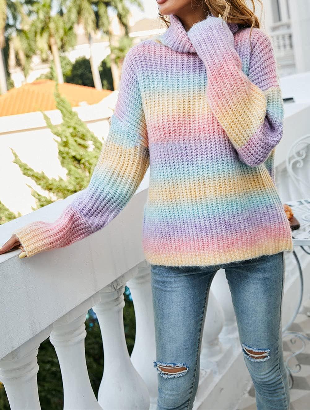 imageCHARTOU Womens Chunky Turtleneck Knit Rib Rainbow Gradient Color Sweater Jumper PulloverRainbow