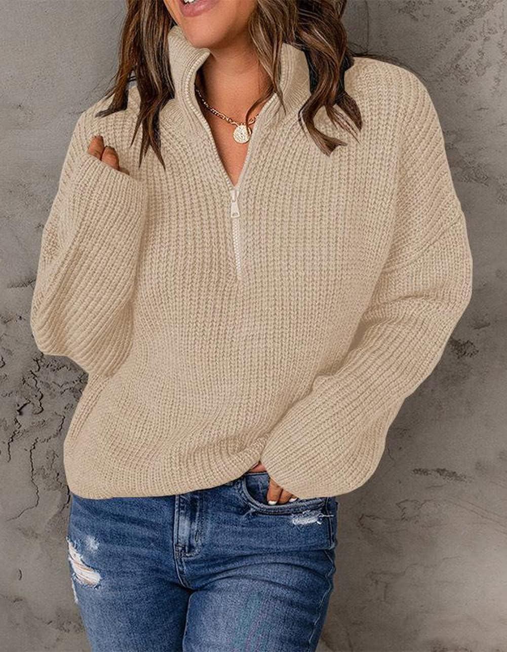 imageCHARTOU Womens Fall 14 Zipper BatWing Sleeve Oversized Sweatshirt Slouchy Jumper Pullover SweaterApricot