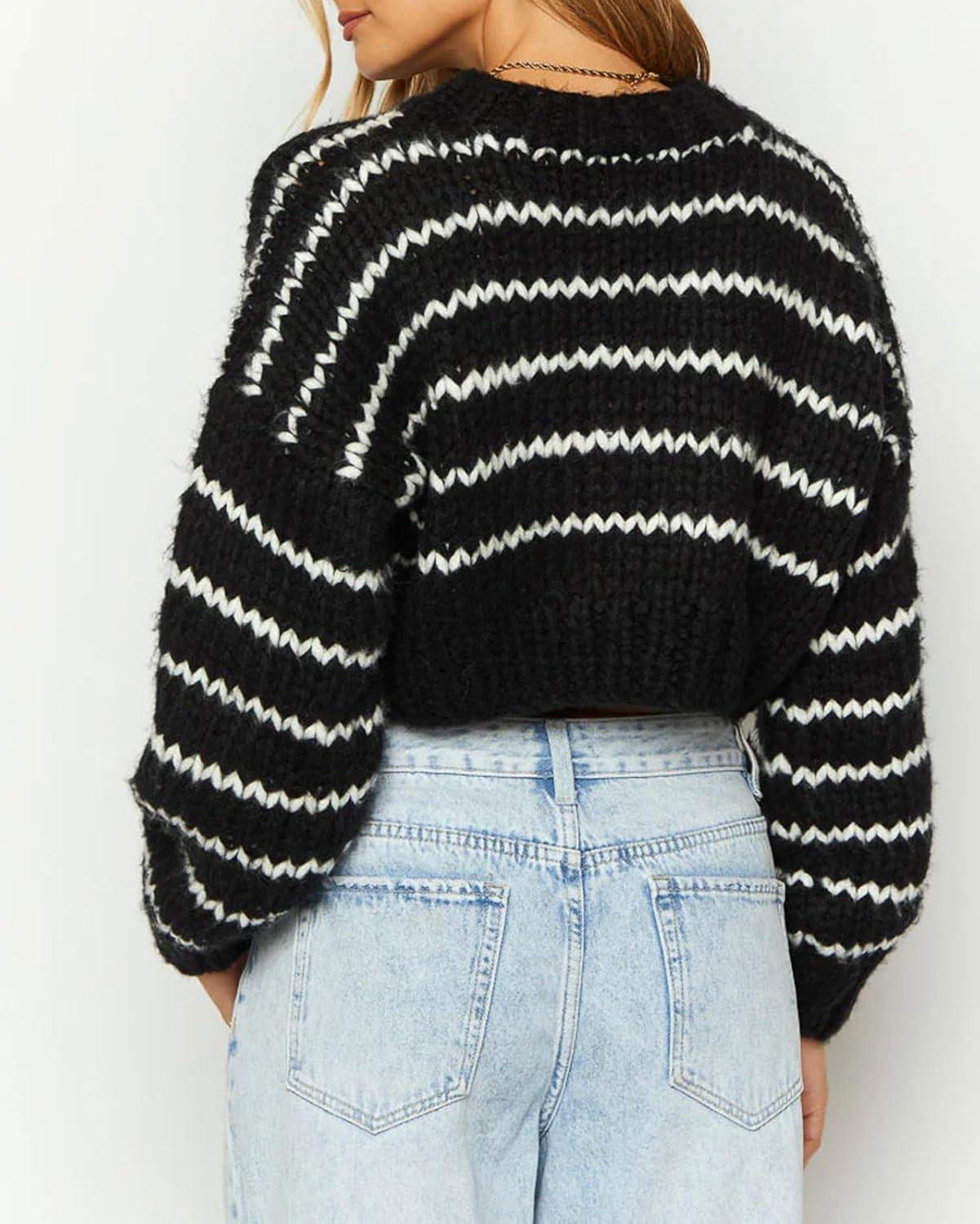 imageCHARTOU Womens Fall Cropped Sweater Chunky Knit Contrast Striped Winter Thick Sweater Pullover Cute TopsBlack