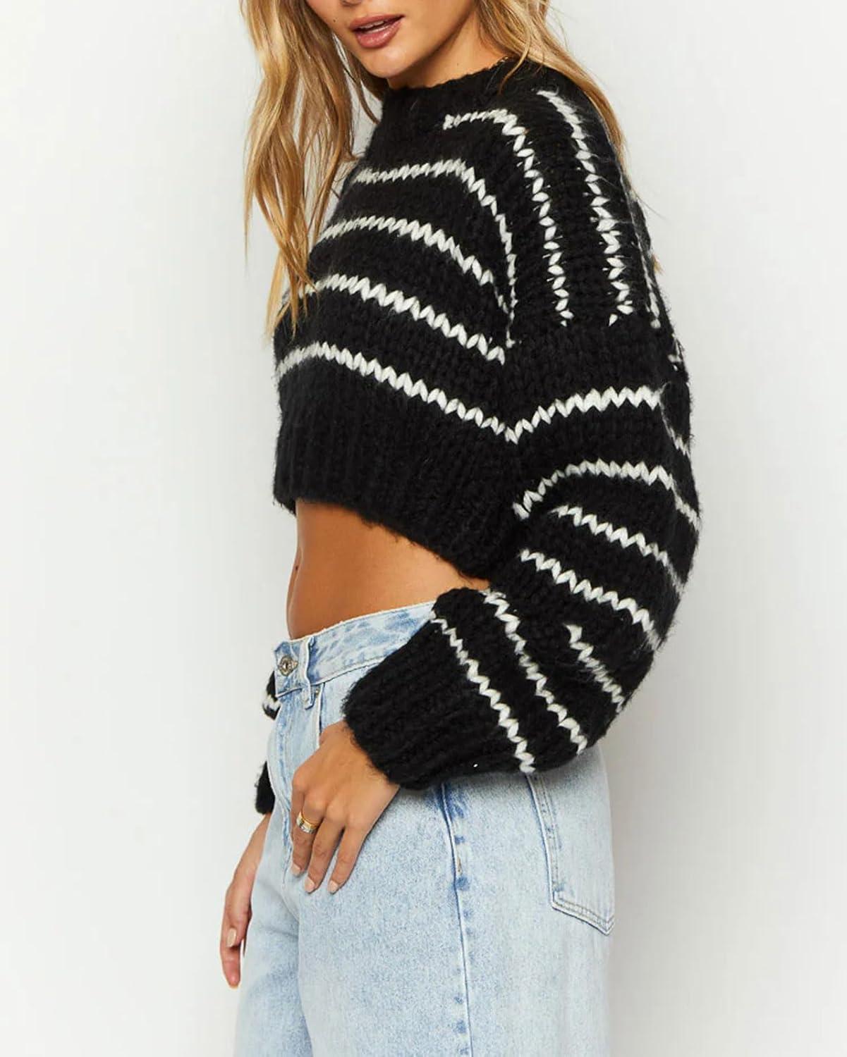 imageCHARTOU Womens Fall Cropped Sweater Chunky Knit Contrast Striped Winter Thick Sweater Pullover Cute TopsBlack