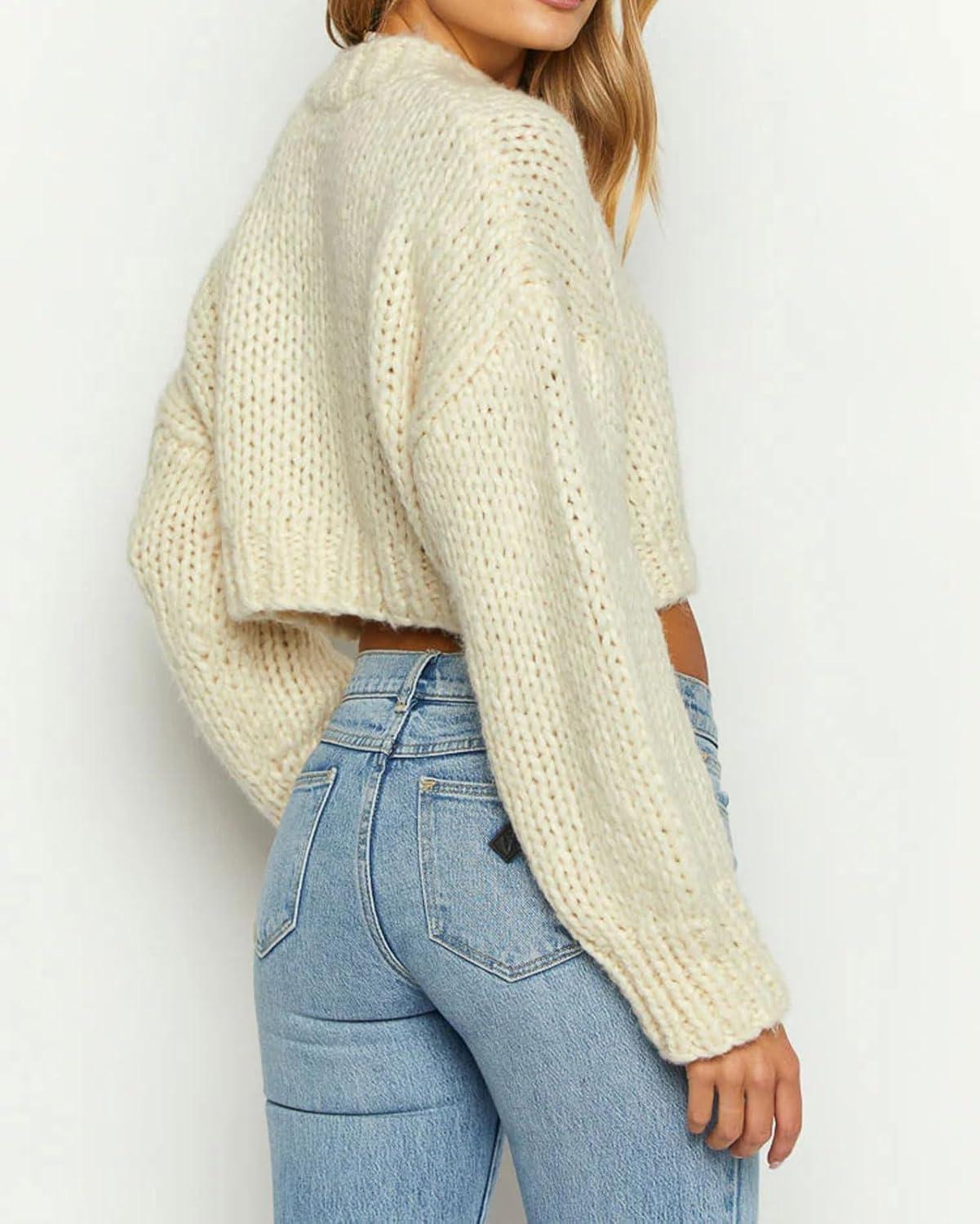 imageCHARTOU Womens Fall Cropped Sweater Chunky Knit Contrast Striped Winter Thick Sweater Pullover Cute TopsCream