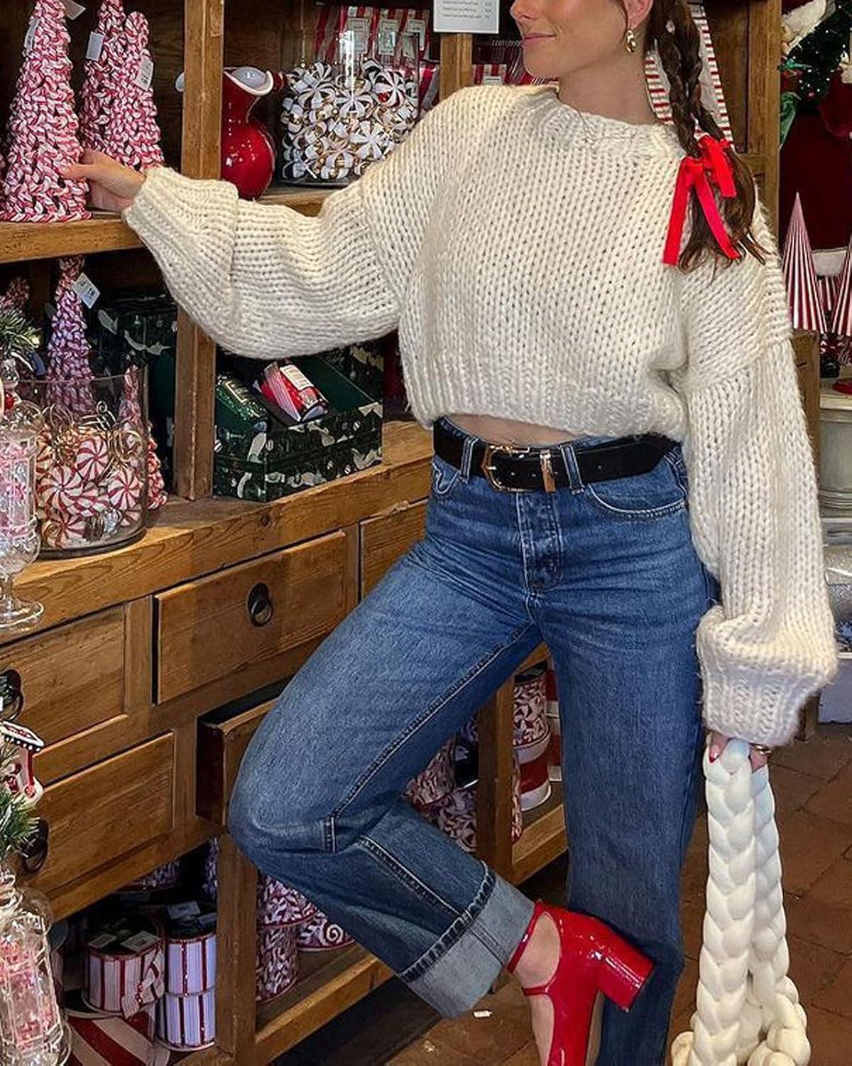 imageCHARTOU Womens Fall Cropped Sweater Chunky Knit Contrast Striped Winter Thick Sweater Pullover Cute TopsCream