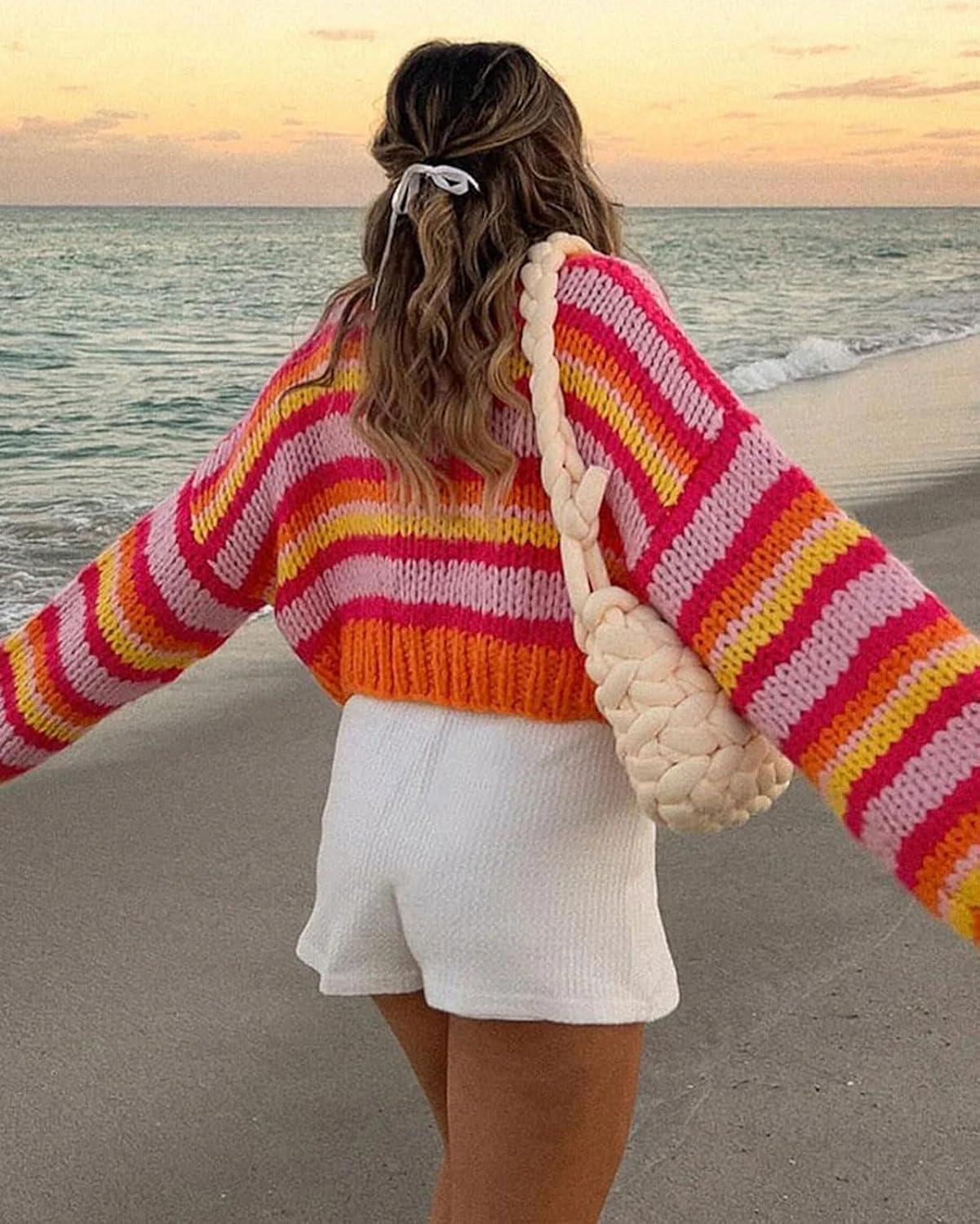 imageCHARTOU Womens Fall Cropped Sweater Chunky Knit Contrast Striped Winter Thick Sweater Pullover Cute TopsOrange