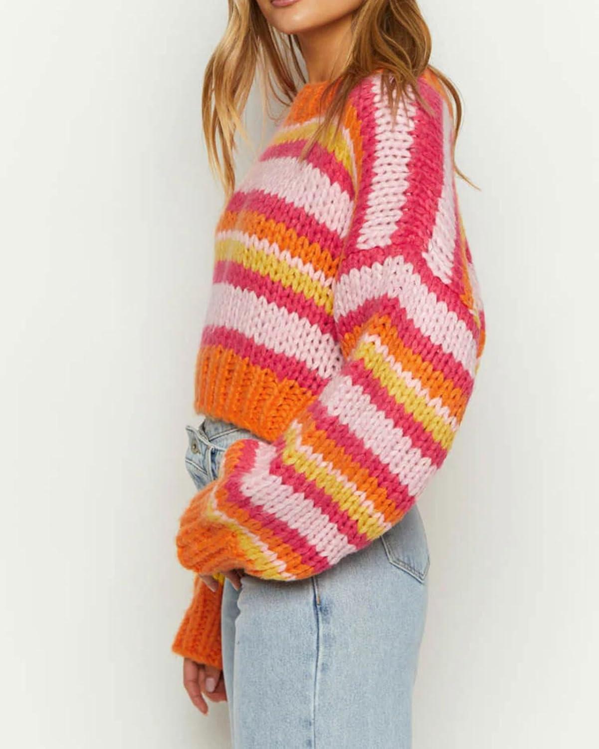 imageCHARTOU Womens Fall Cropped Sweater Chunky Knit Contrast Striped Winter Thick Sweater Pullover Cute TopsOrange