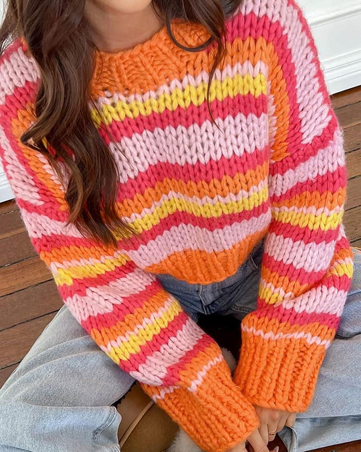 imageCHARTOU Womens Fall Cropped Sweater Chunky Knit Contrast Striped Winter Thick Sweater Pullover Cute TopsOrange