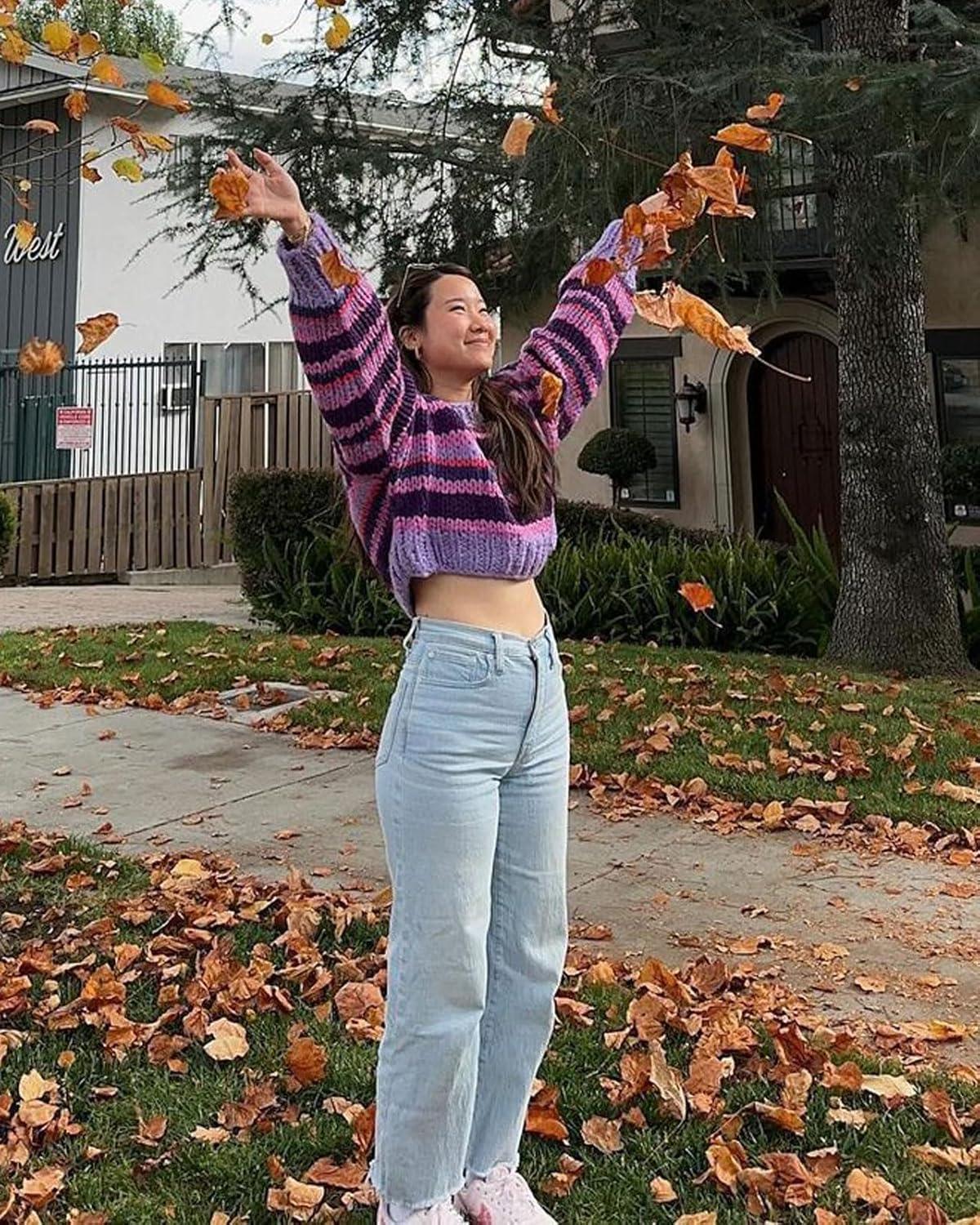 imageCHARTOU Womens Fall Cropped Sweater Chunky Knit Contrast Striped Winter Thick Sweater Pullover Cute TopsPurple