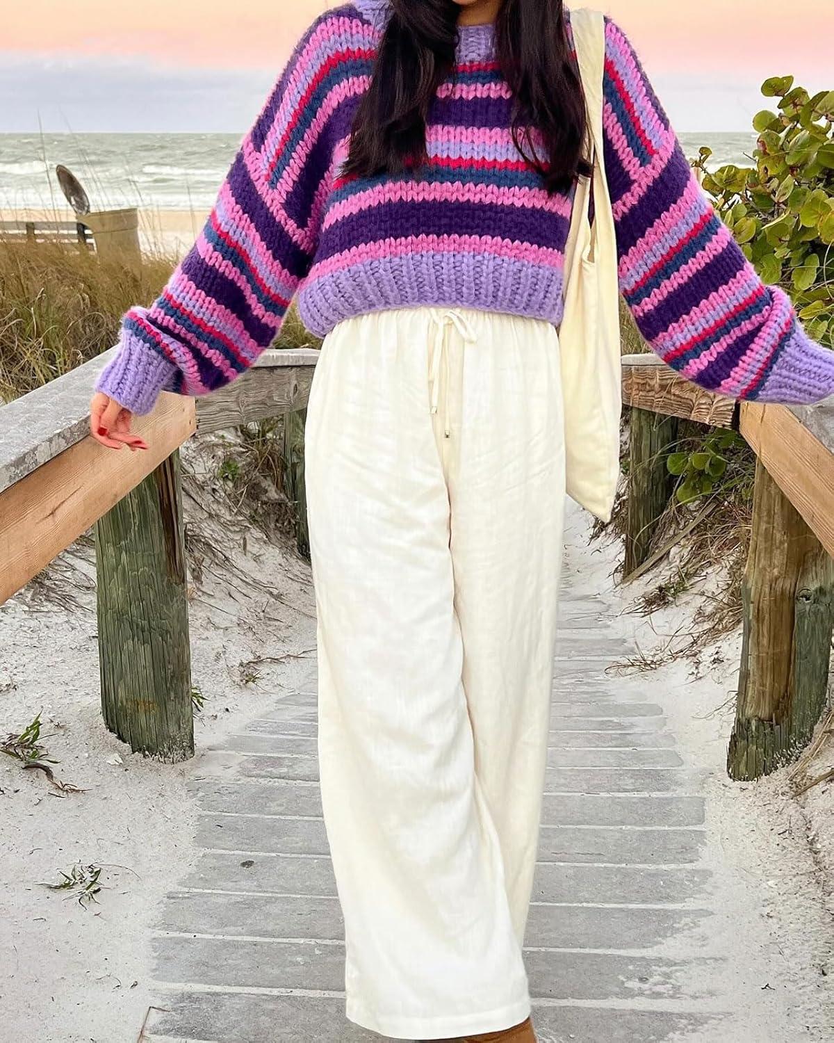 imageCHARTOU Womens Fall Cropped Sweater Chunky Knit Contrast Striped Winter Thick Sweater Pullover Cute TopsPurple