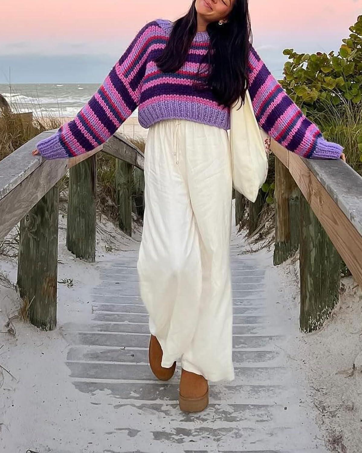 imageCHARTOU Womens Fall Cropped Sweater Chunky Knit Contrast Striped Winter Thick Sweater Pullover Cute TopsPurple