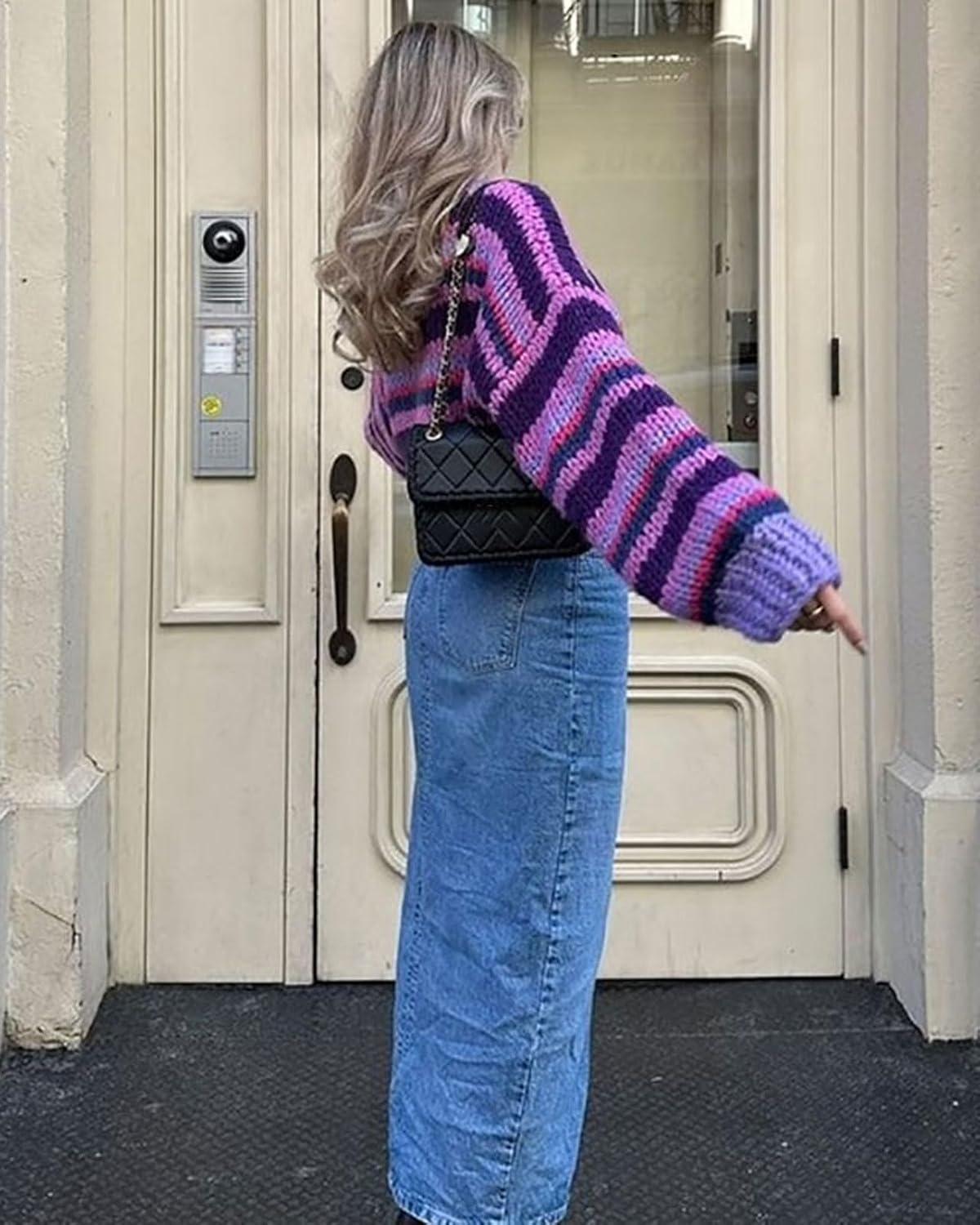 imageCHARTOU Womens Fall Cropped Sweater Chunky Knit Contrast Striped Winter Thick Sweater Pullover Cute TopsPurple