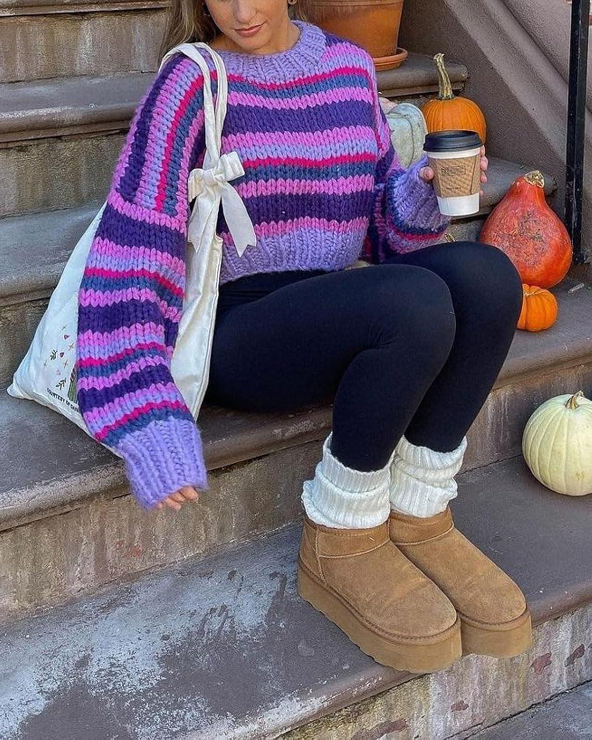 imageCHARTOU Womens Fall Cropped Sweater Chunky Knit Contrast Striped Winter Thick Sweater Pullover Cute TopsPurple