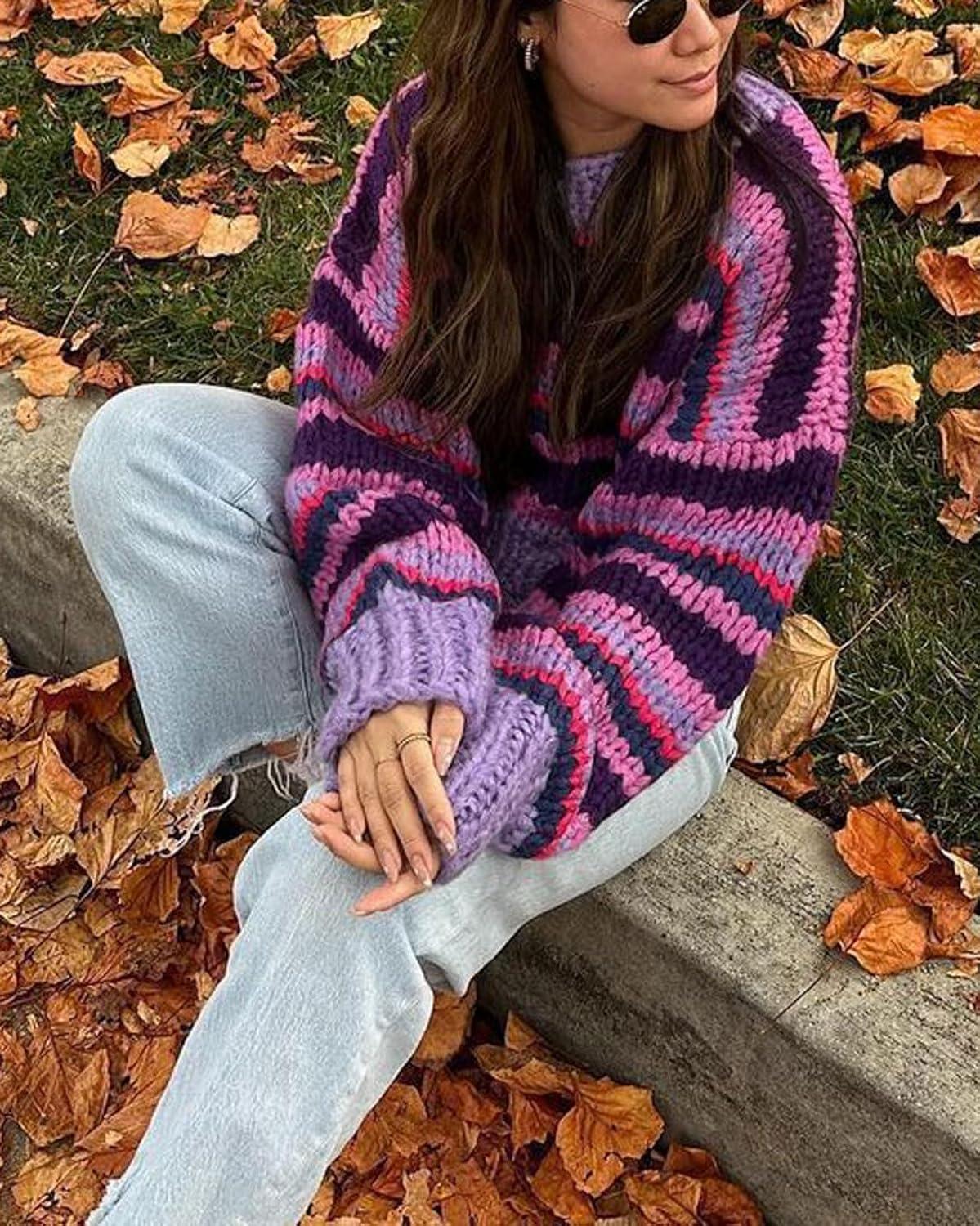 imageCHARTOU Womens Fall Cropped Sweater Chunky Knit Contrast Striped Winter Thick Sweater Pullover Cute TopsPurple