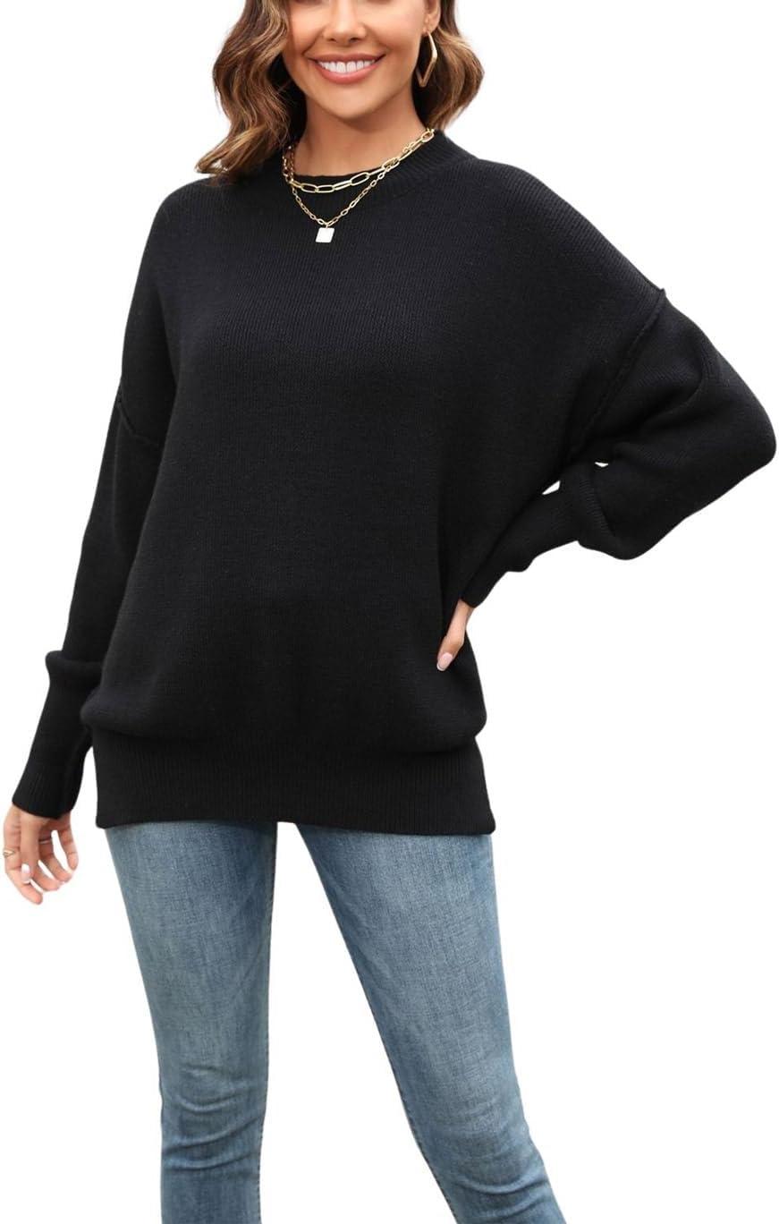 imageCHARTOU Womens Loose Fit Crew Neck Side Split HiLow Oversized Knit Pullover Sweater TopsBlack