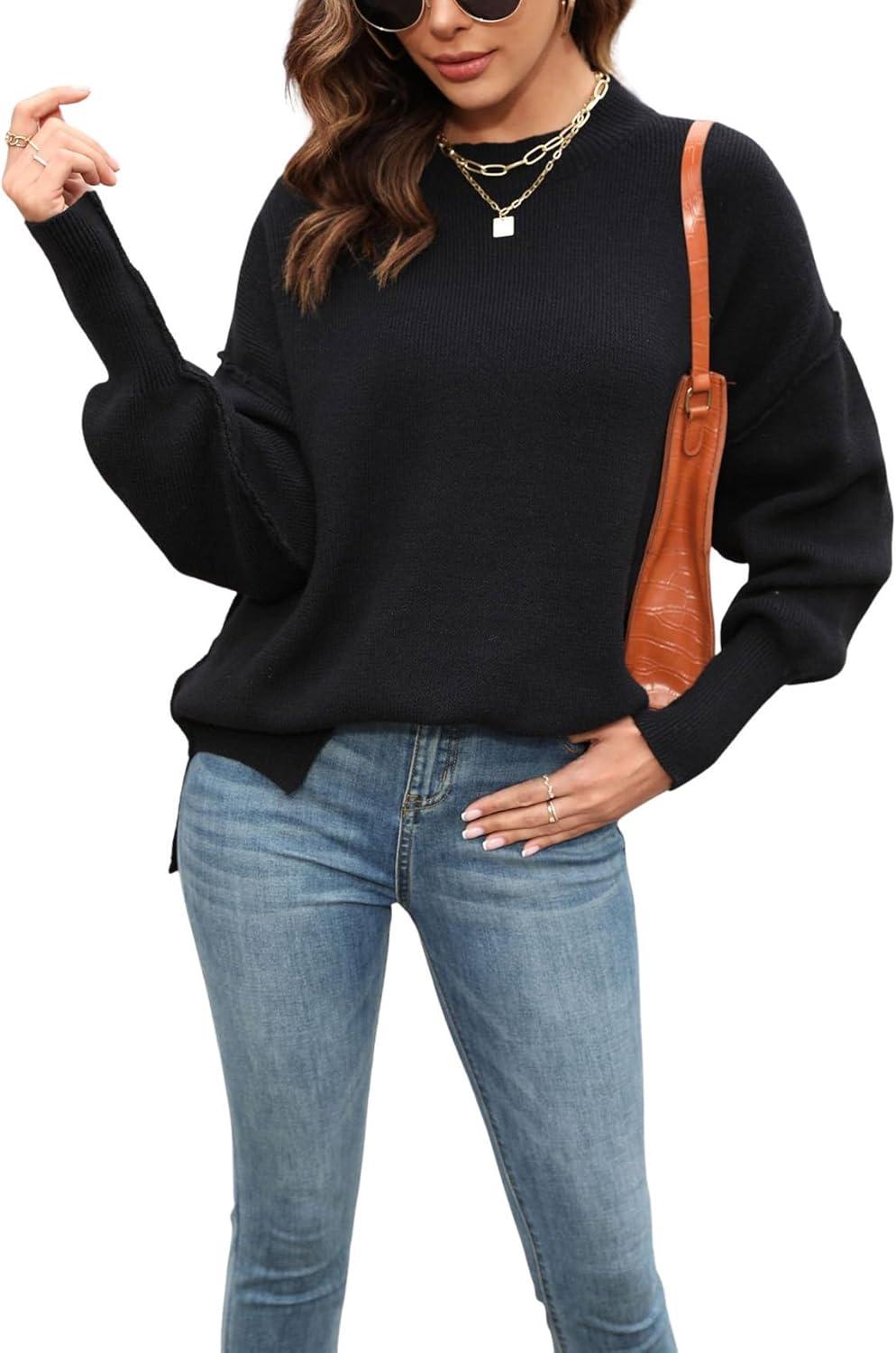 imageCHARTOU Womens Loose Fit Crew Neck Side Split HiLow Oversized Knit Pullover Sweater TopsBlack