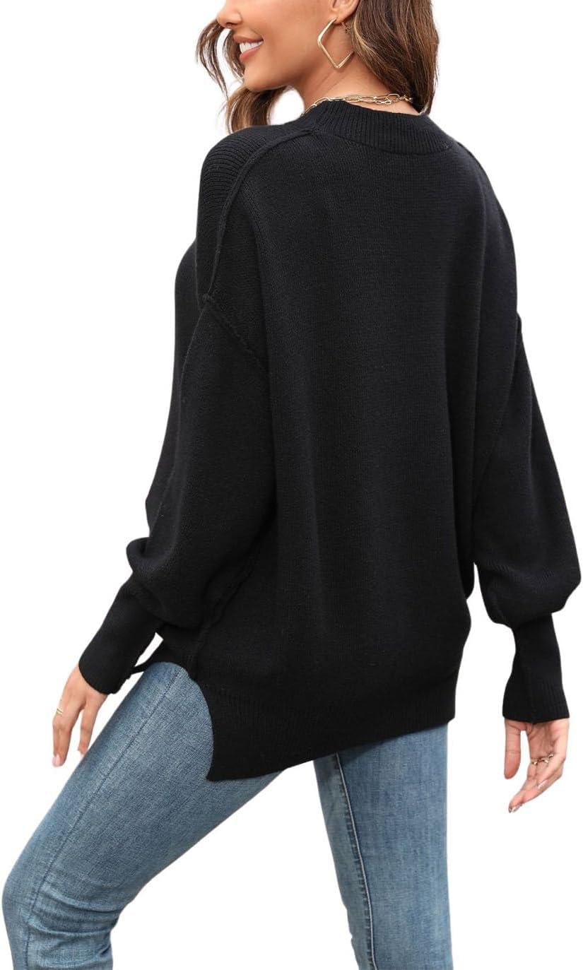 imageCHARTOU Womens Loose Fit Crew Neck Side Split HiLow Oversized Knit Pullover Sweater TopsBlack