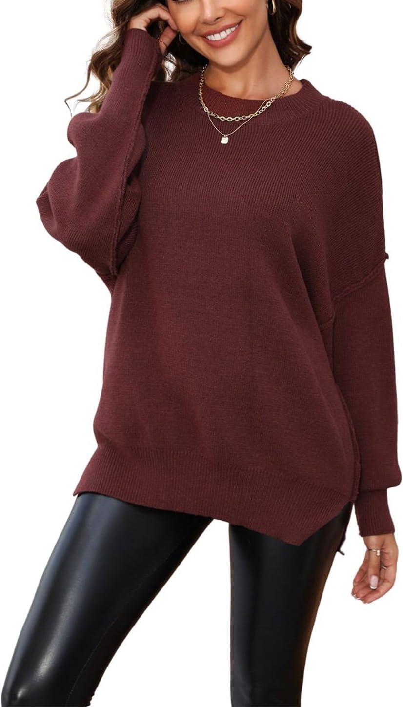 imageCHARTOU Womens Loose Fit Crew Neck Side Split HiLow Oversized Knit Pullover Sweater TopsBrown