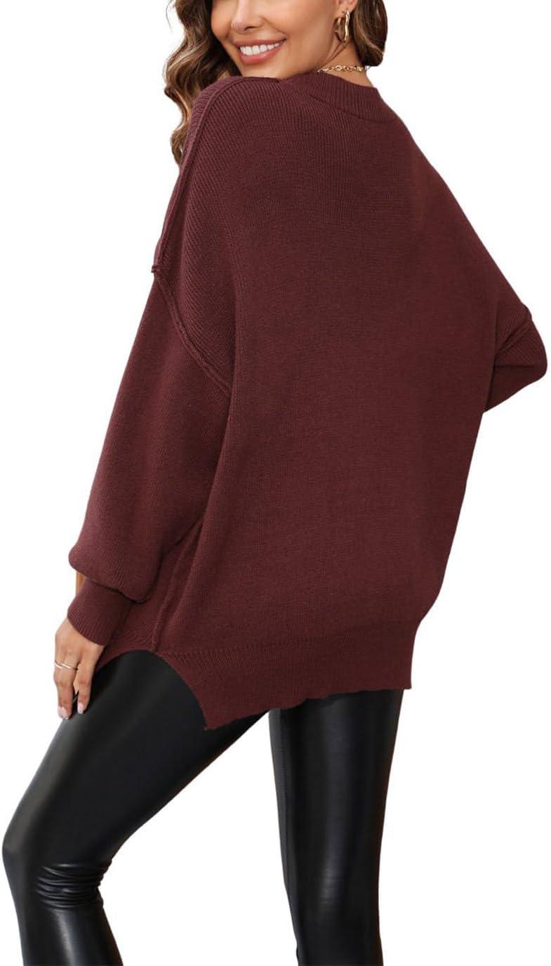 imageCHARTOU Womens Loose Fit Crew Neck Side Split HiLow Oversized Knit Pullover Sweater TopsBrown