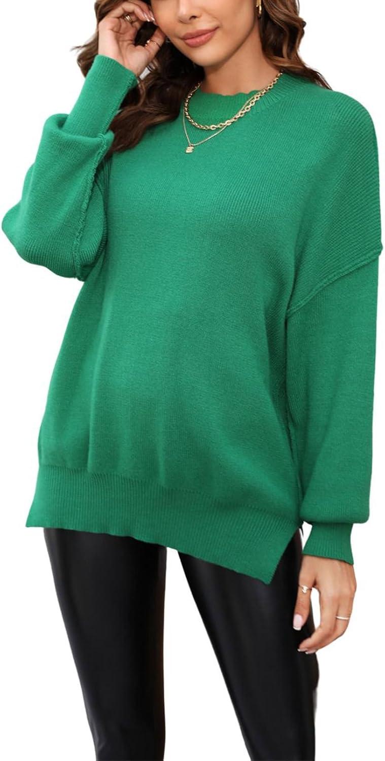 imageCHARTOU Womens Loose Fit Crew Neck Side Split HiLow Oversized Knit Pullover Sweater TopsGreen