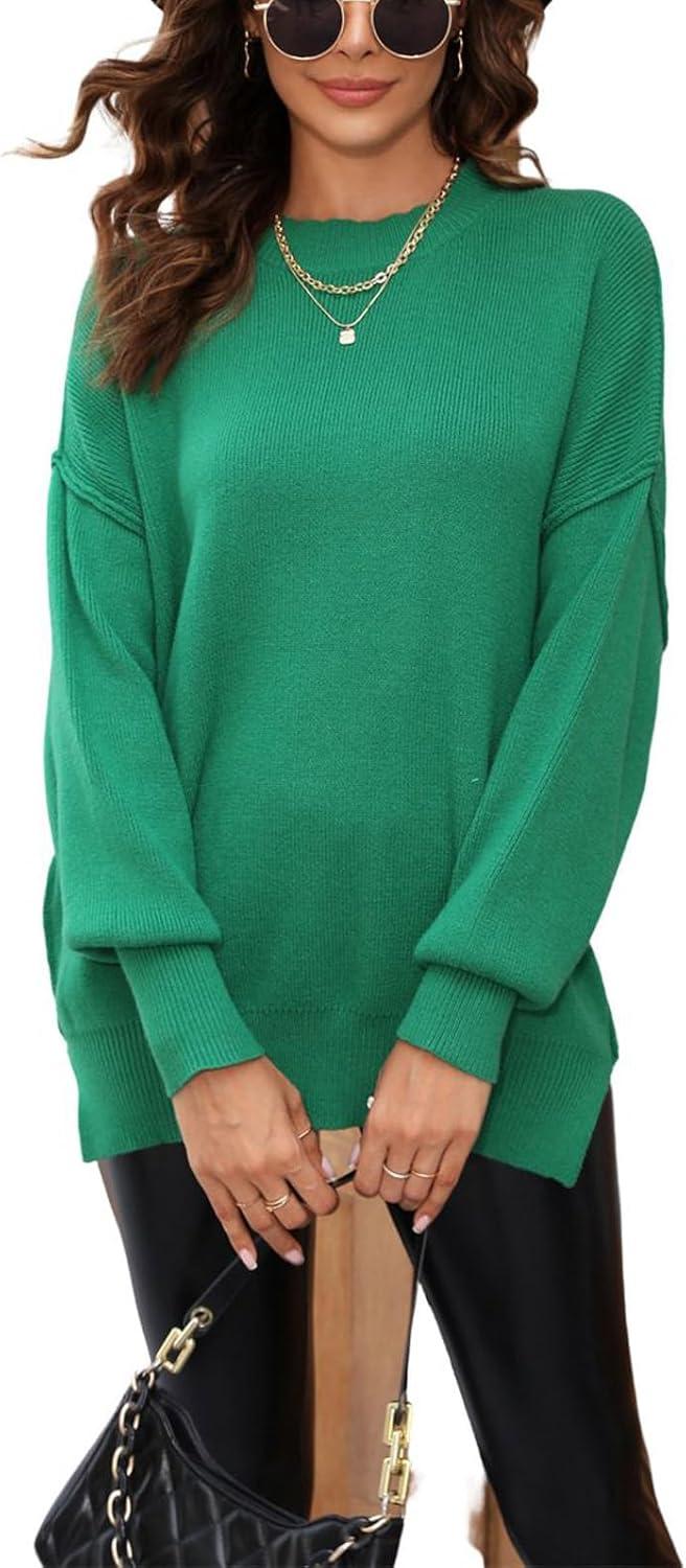 imageCHARTOU Womens Loose Fit Crew Neck Side Split HiLow Oversized Knit Pullover Sweater TopsGreen