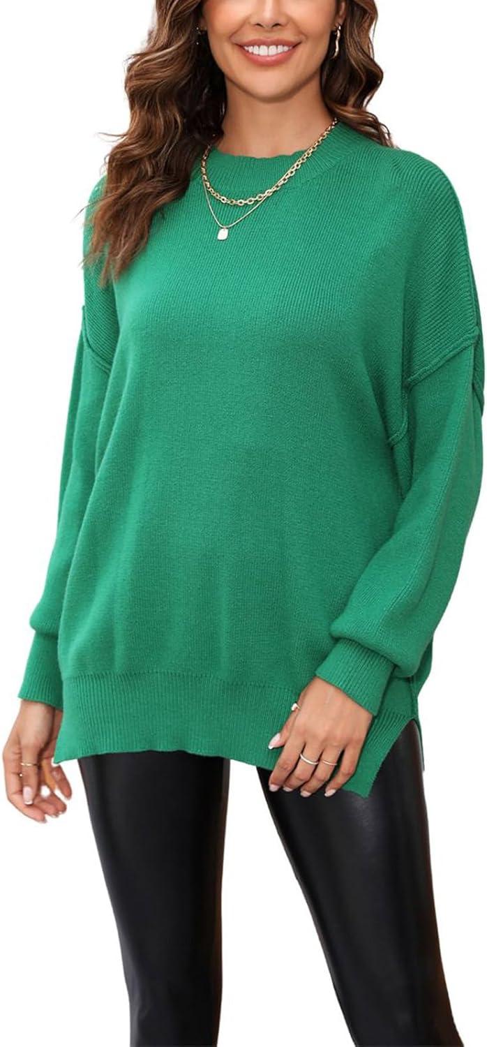 imageCHARTOU Womens Loose Fit Crew Neck Side Split HiLow Oversized Knit Pullover Sweater TopsGreen