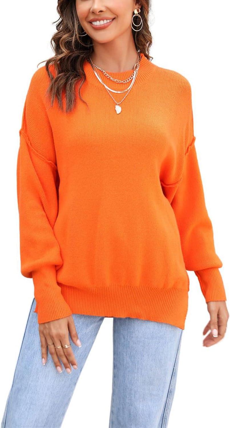 imageCHARTOU Womens Loose Fit Crew Neck Side Split HiLow Oversized Knit Pullover Sweater TopsOrange