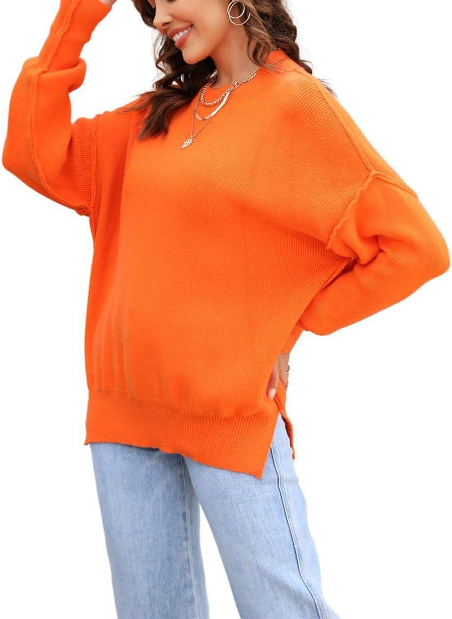imageCHARTOU Womens Loose Fit Crew Neck Side Split HiLow Oversized Knit Pullover Sweater TopsOrange
