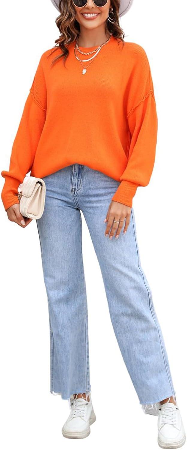 imageCHARTOU Womens Loose Fit Crew Neck Side Split HiLow Oversized Knit Pullover Sweater TopsOrange