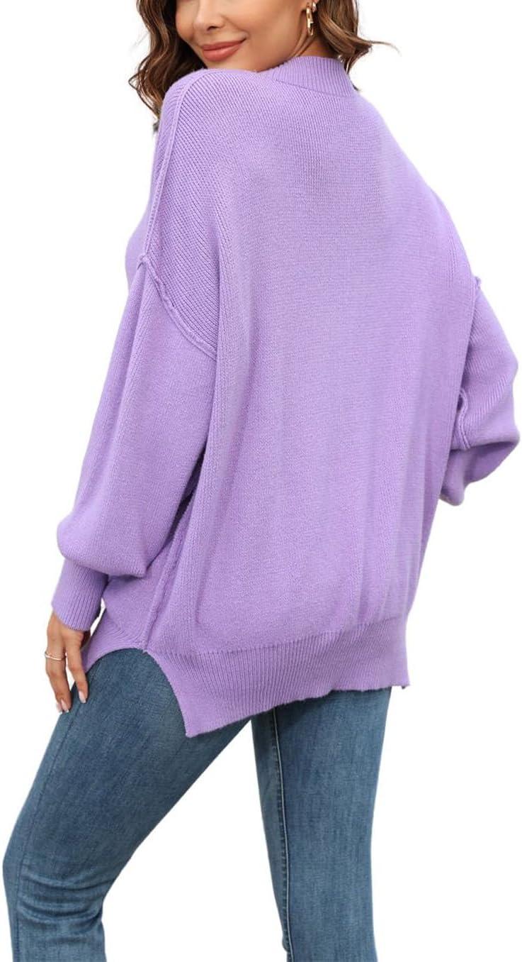imageCHARTOU Womens Loose Fit Crew Neck Side Split HiLow Oversized Knit Pullover Sweater TopsPurple