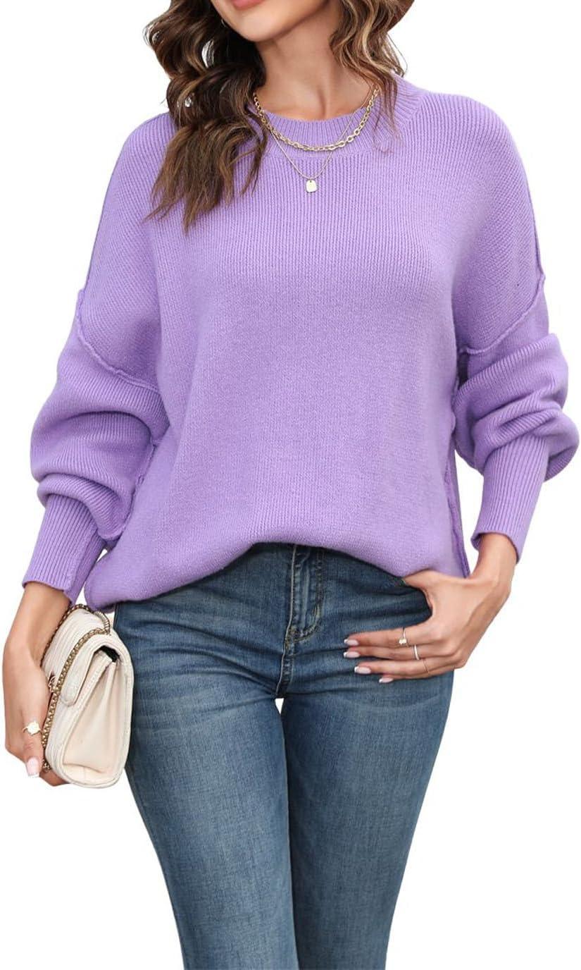imageCHARTOU Womens Loose Fit Crew Neck Side Split HiLow Oversized Knit Pullover Sweater TopsPurple